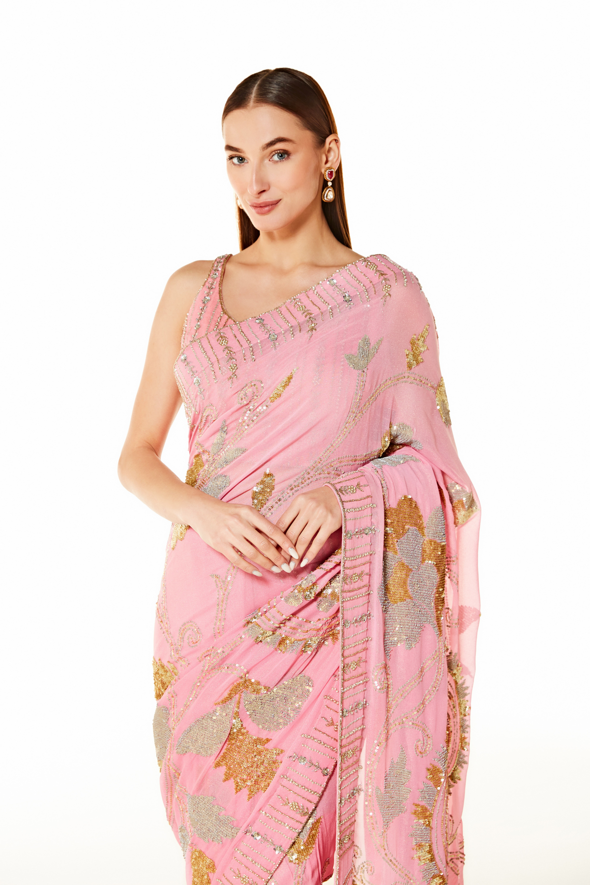 Pink Zaynab Sequin Saree Set