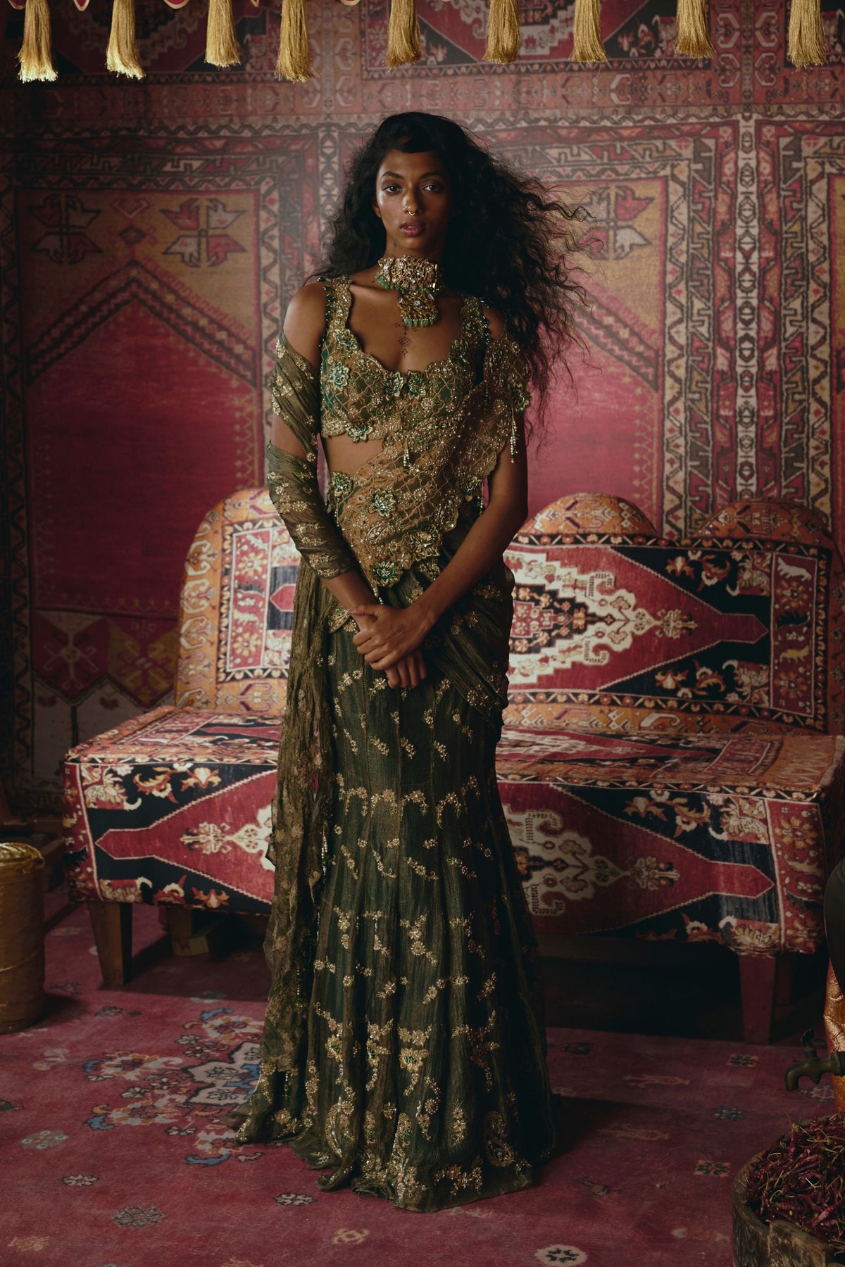 Emerald Green Drape Saree Set