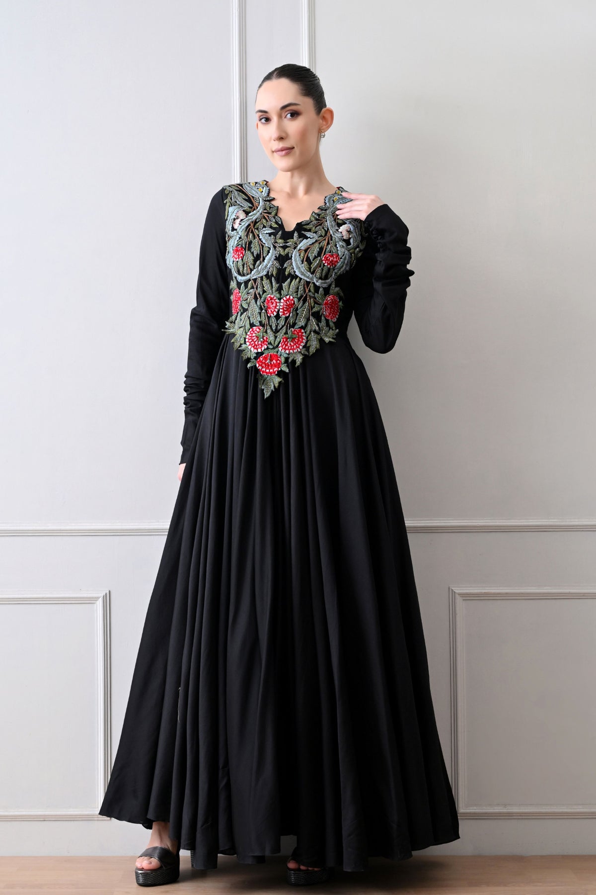 Black V-neck Embroidered Anarkali