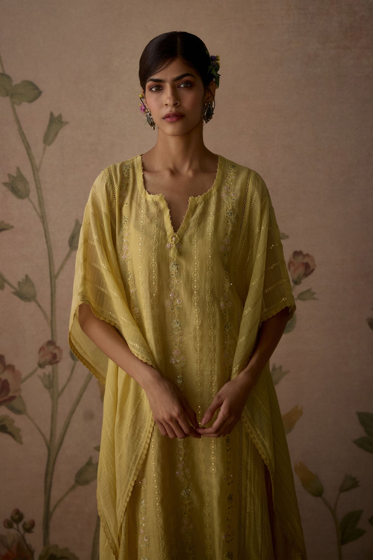 Lemon Yellow Embroidered Kaftan Set