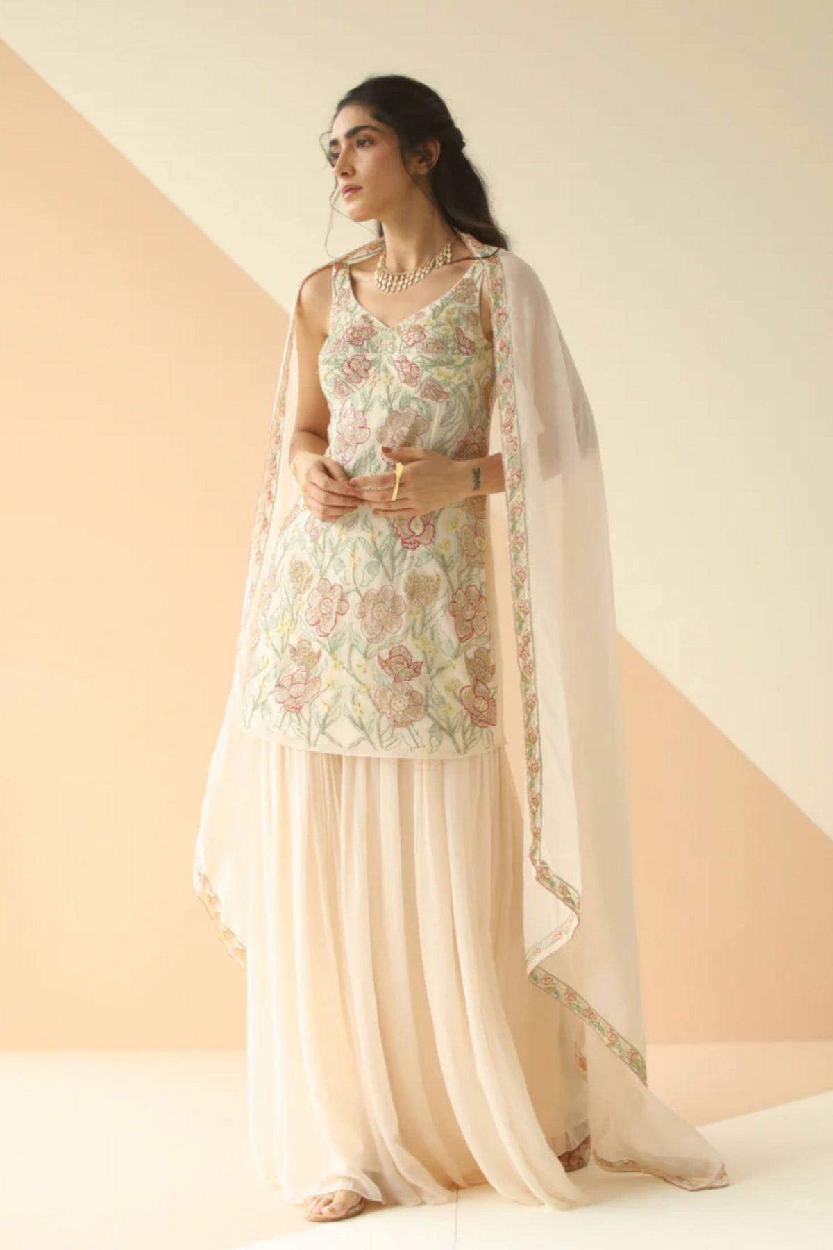 Offwhite heavy jaal kurti sharara