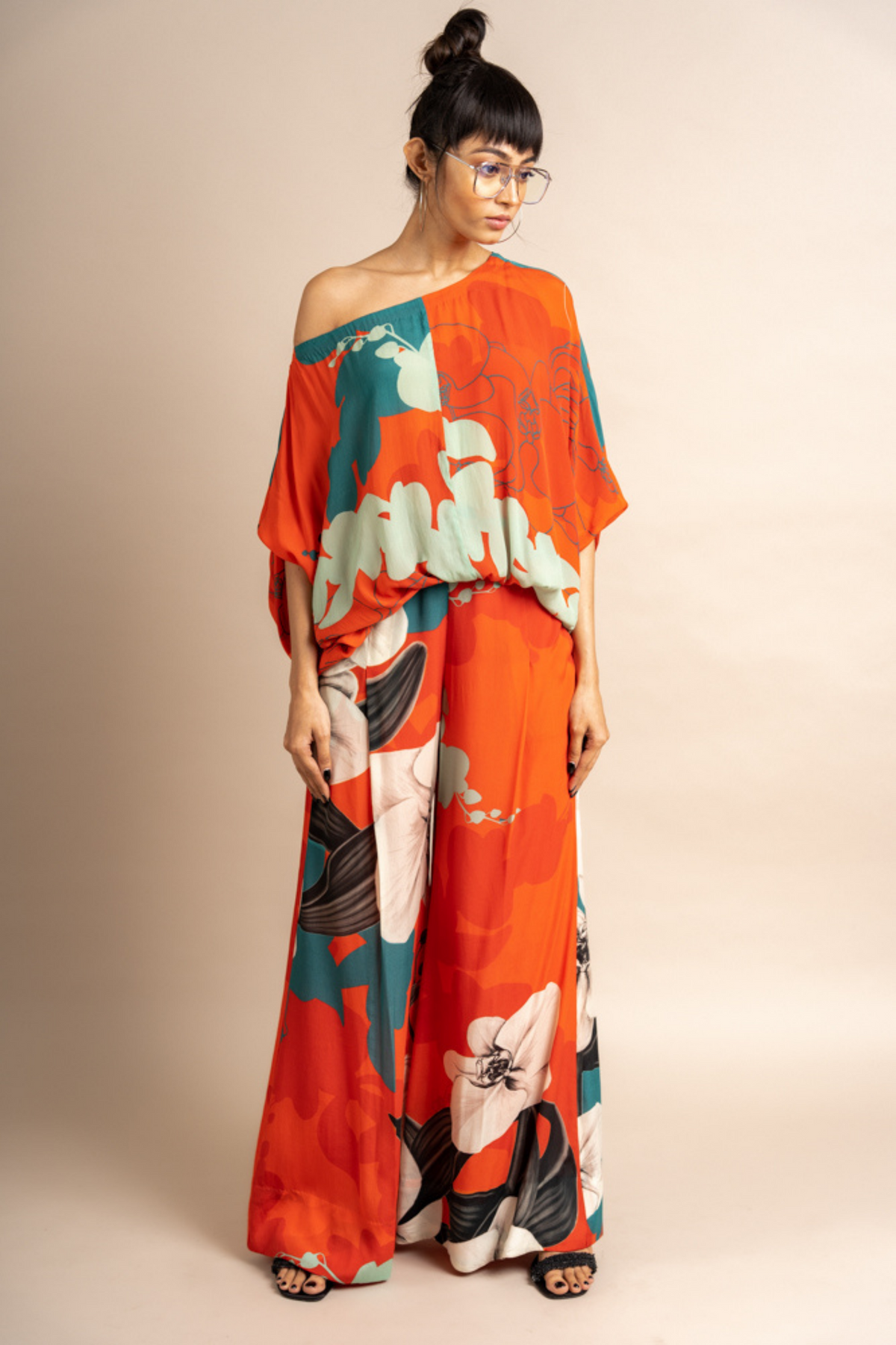 Tangerine Print Crepe Off Shoulder