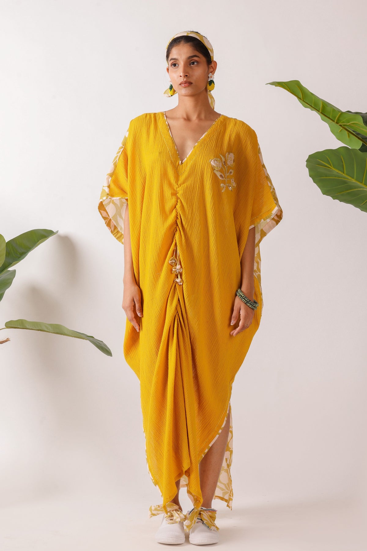 Olive Pomegranate Print Ruching Kaftan