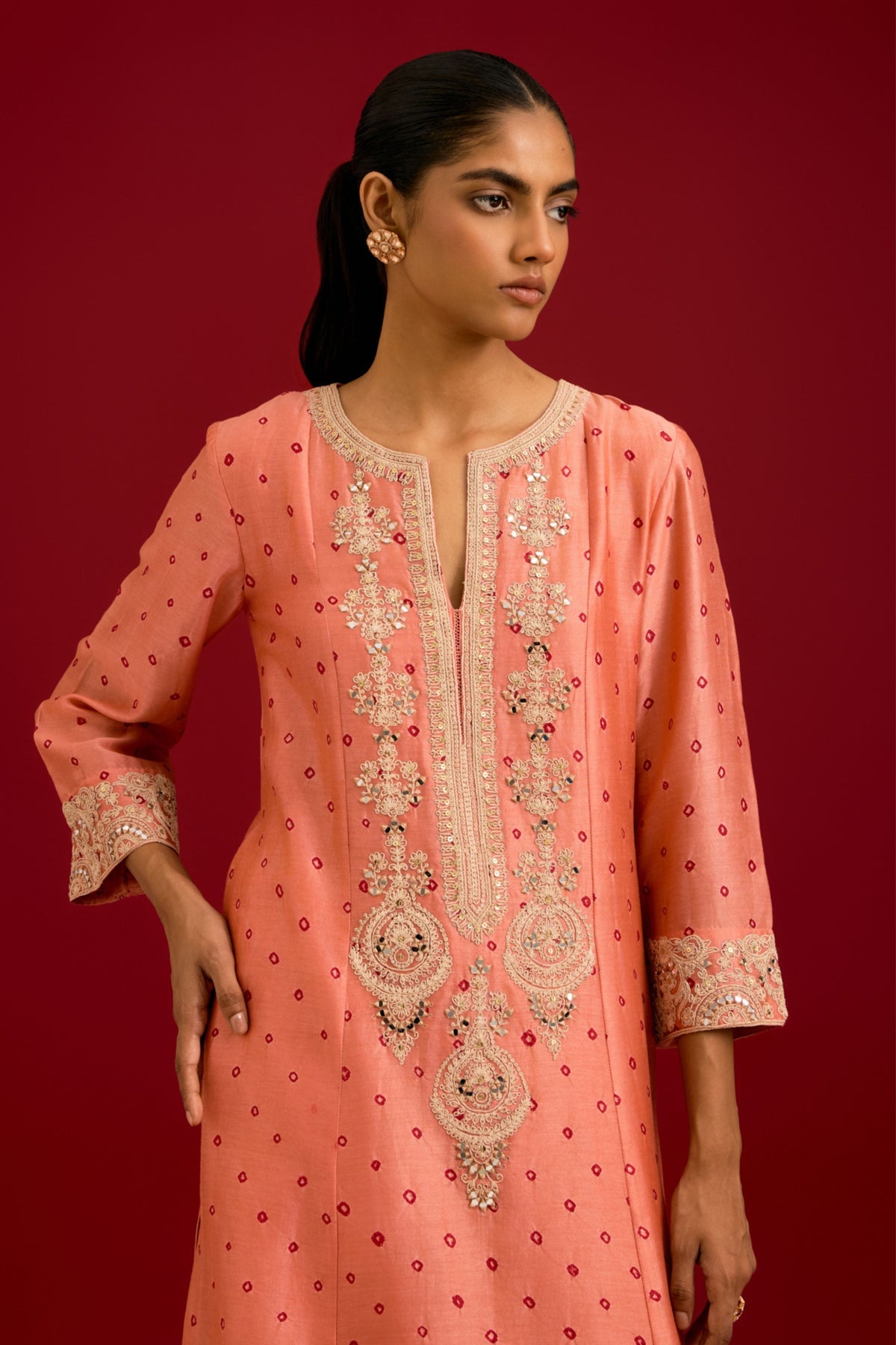 Peach Bhandhej Kurta Set