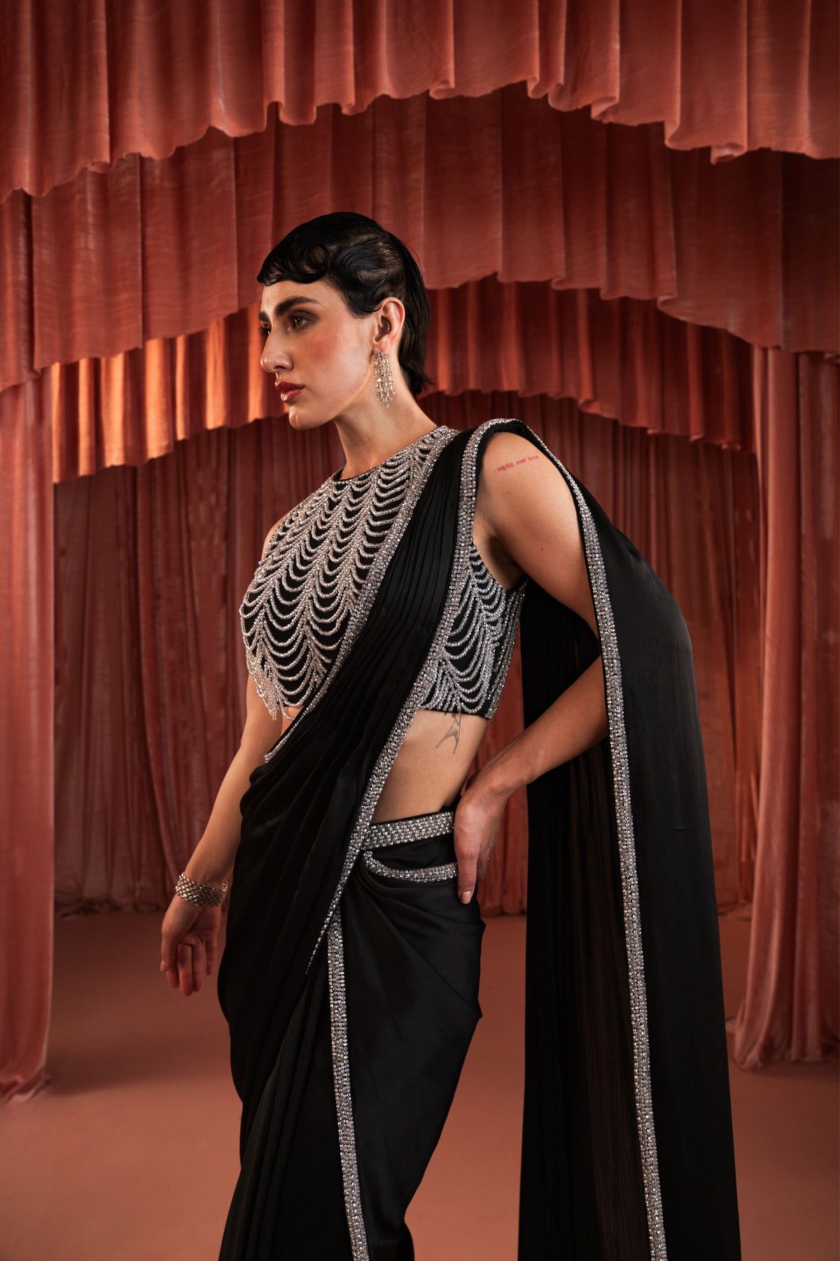 Black Sequin Draped Saree Set