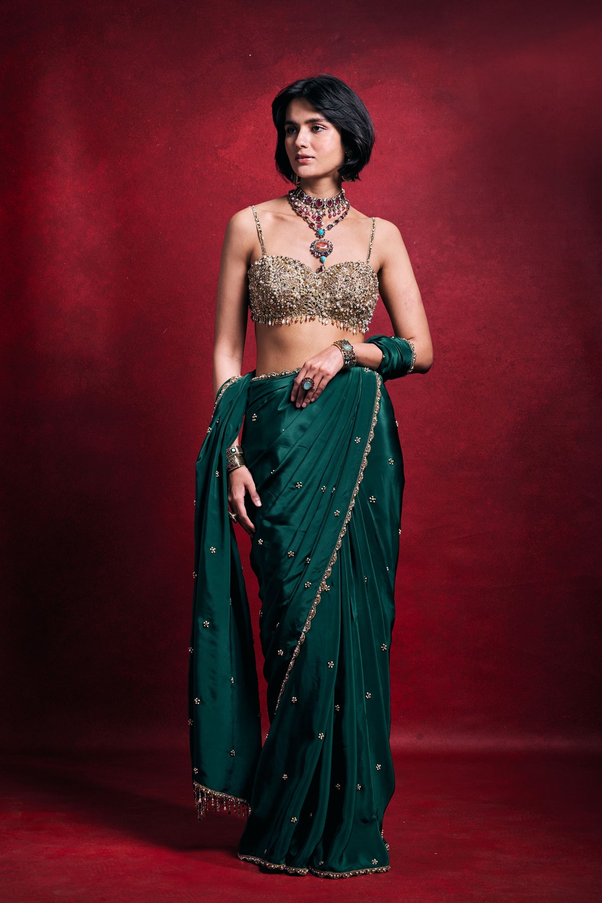 Emerald Green Crepe Saree Set