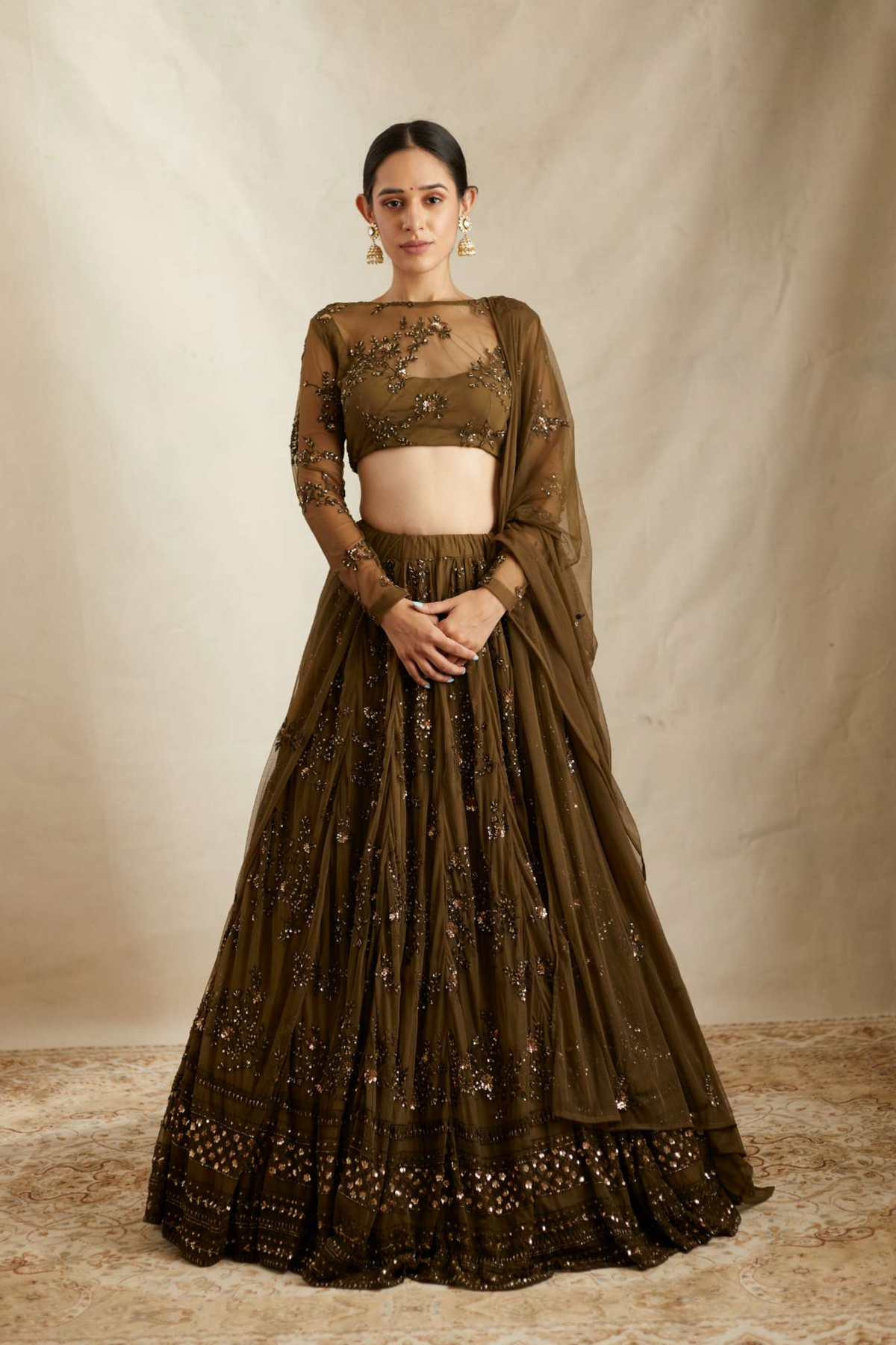 Green Thread Work Lehenga Set