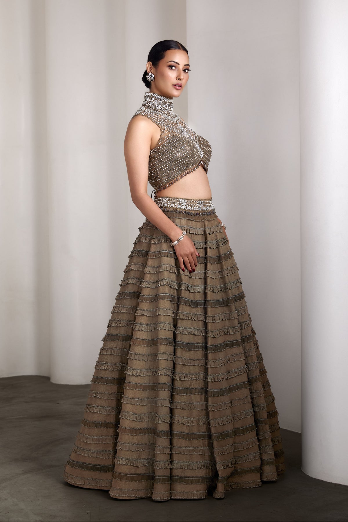 Olive Ruffle Lehenga Set