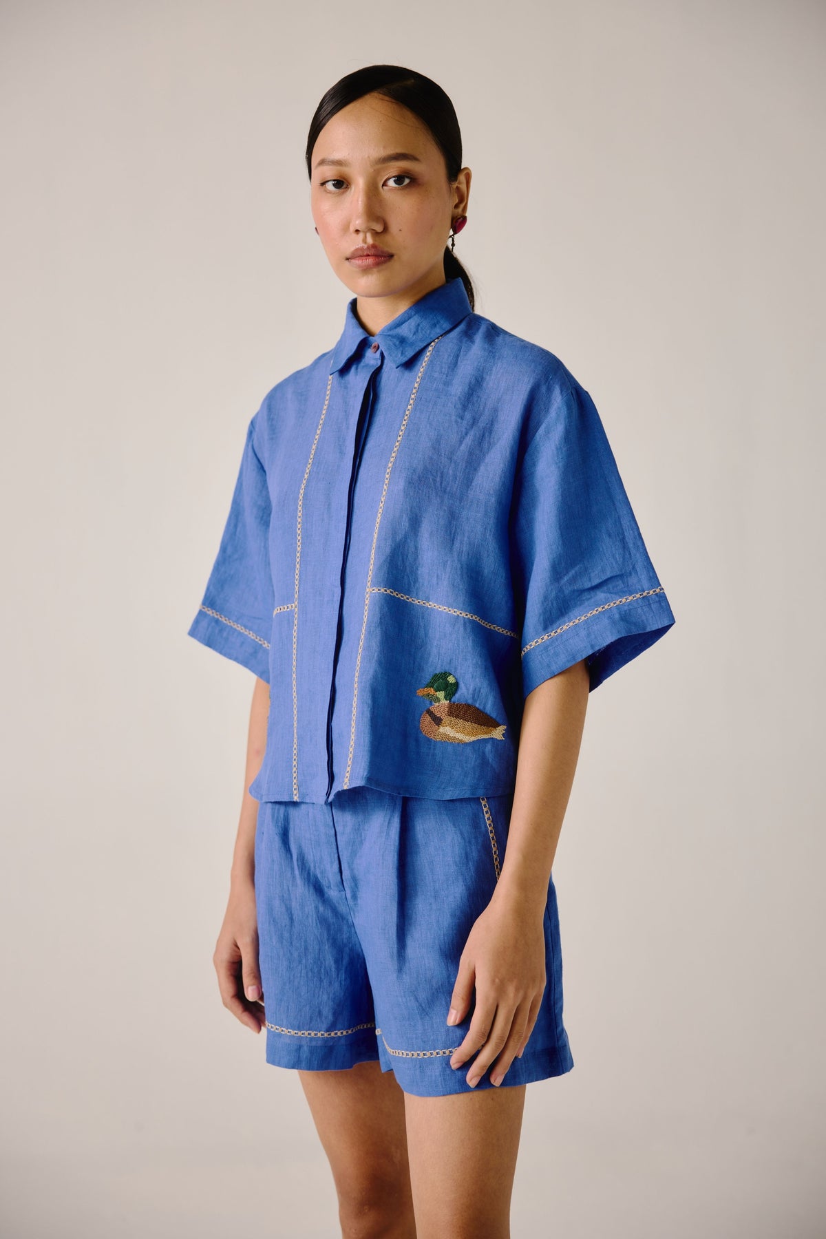 Electric Blue Duck Embroidery Ava Shirt