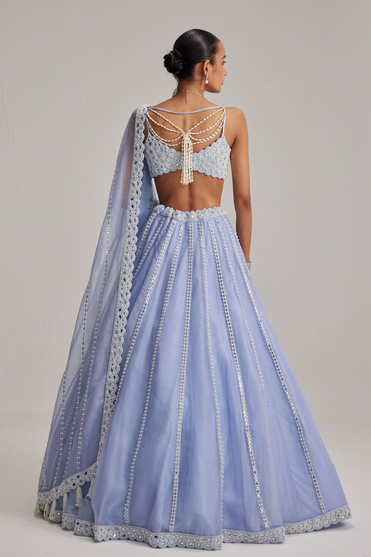 Dew Blue Mirror Organza Lehenga Set