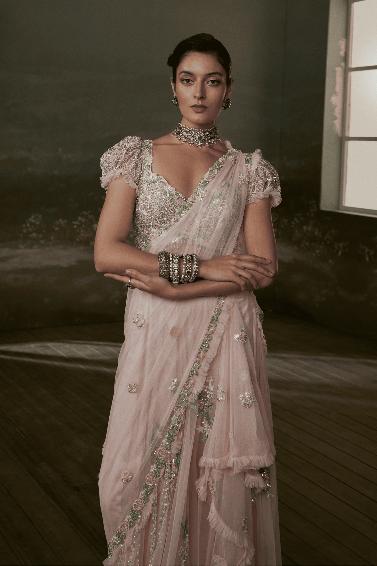 Rose Pink Pre-draped  Saree With Trail Dupatta