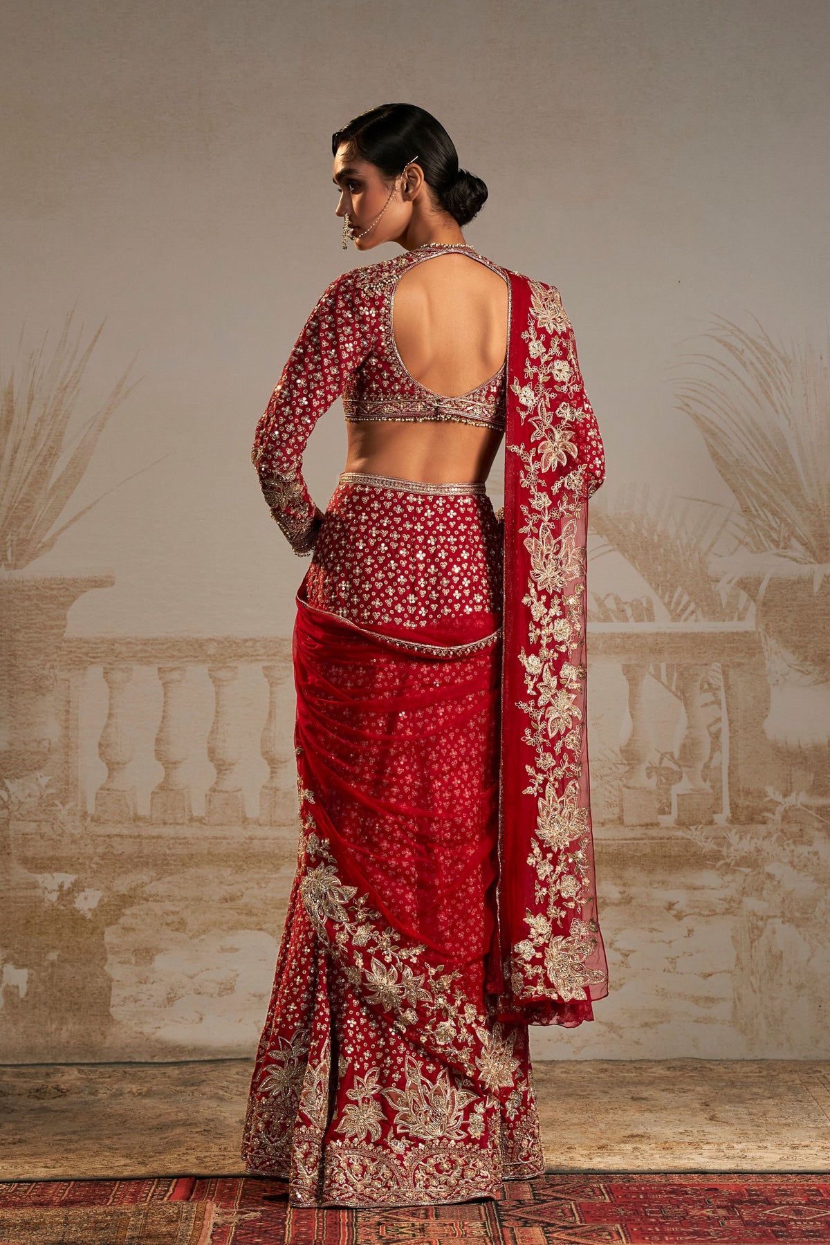 Red Tree Motif Saree Skirt Set