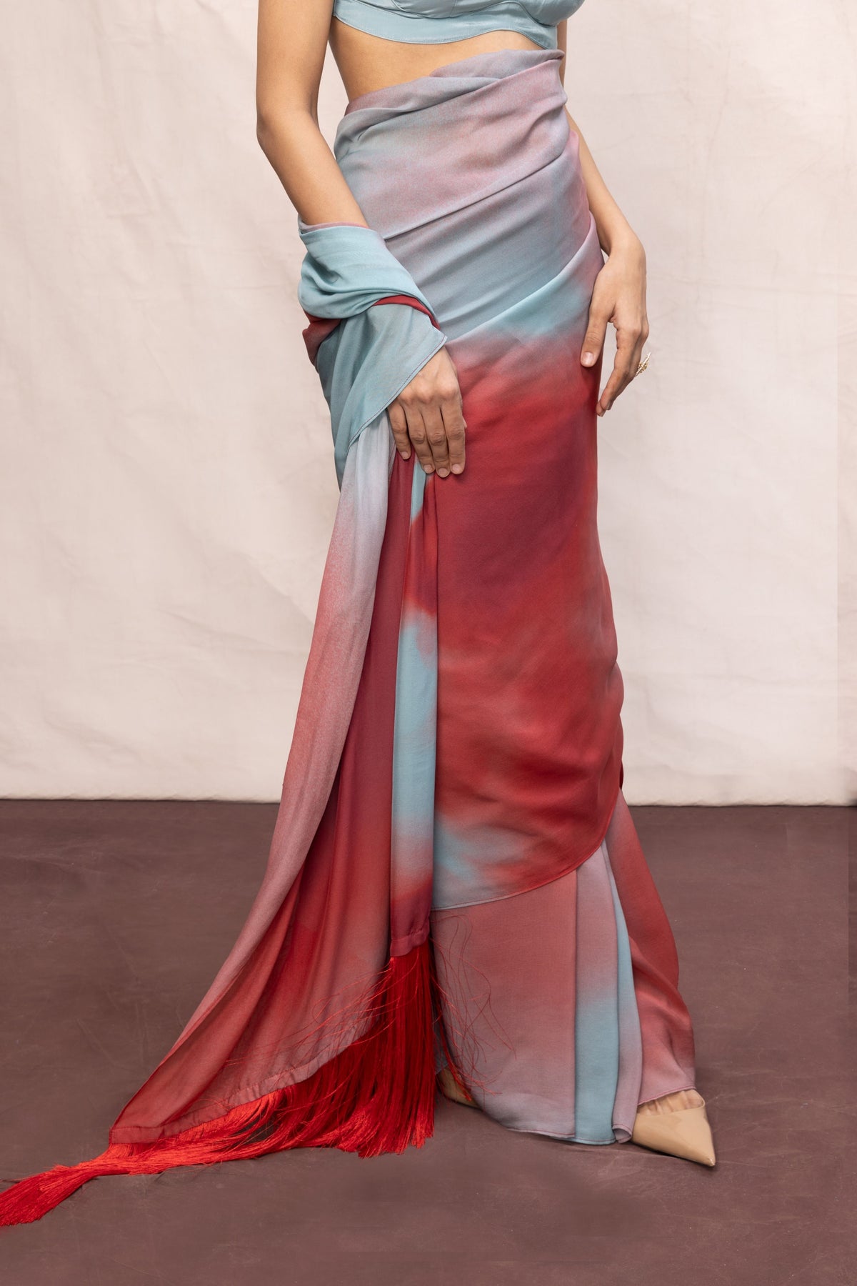 Coral Red & Blue Ombre Saree