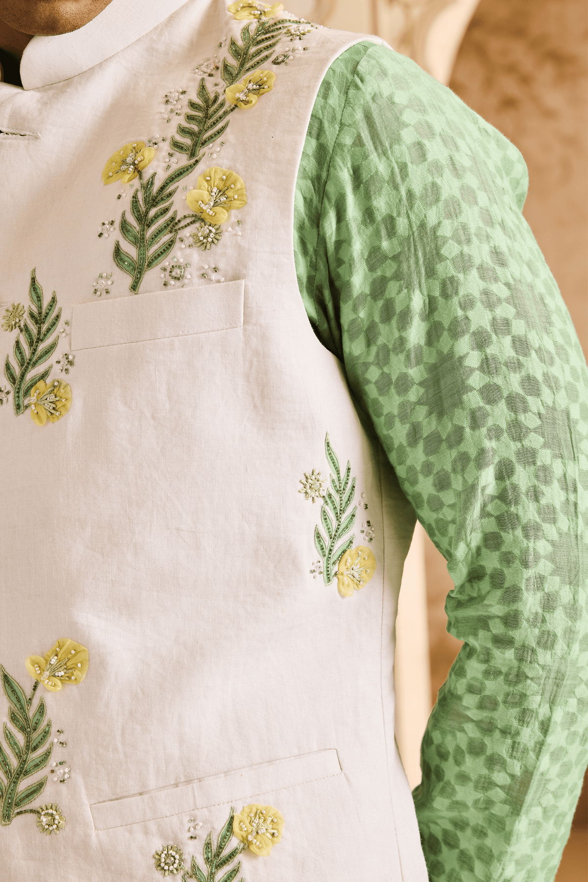 Ivory Nehru With Jade Kurta Set
