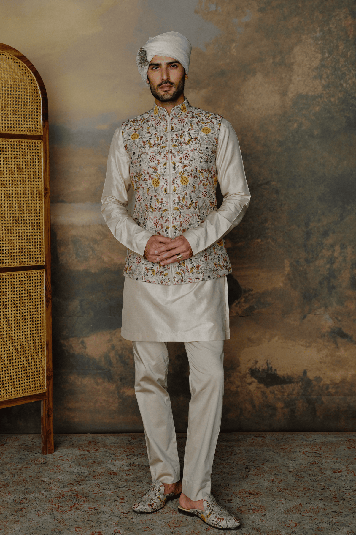 Beige Thread Work Bandi Set