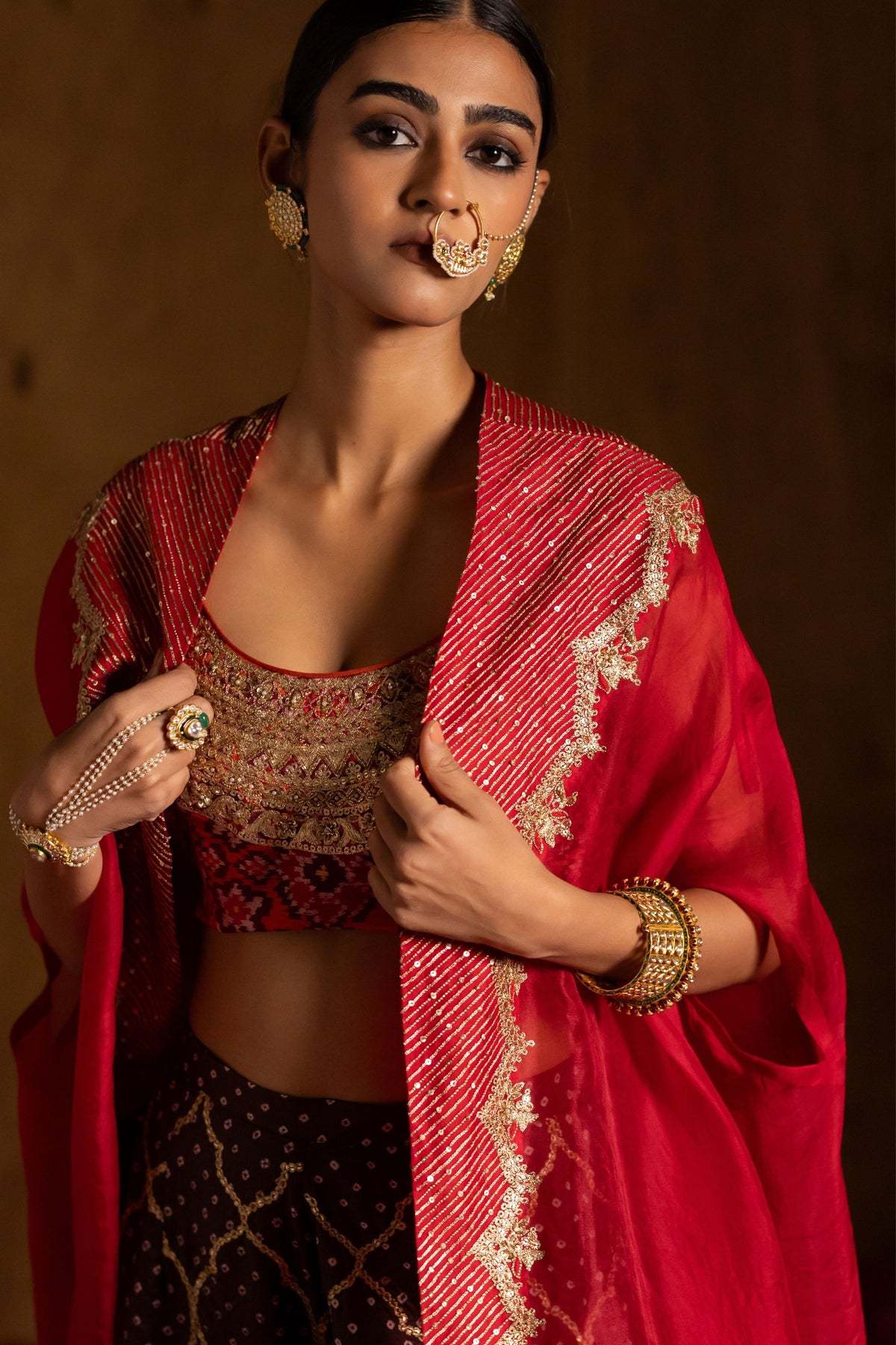 Rust Patola Bandhani Cape Set