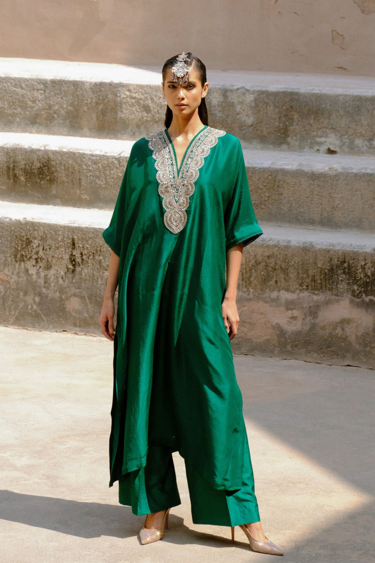 Embroidery Kaftan in Emerald Green