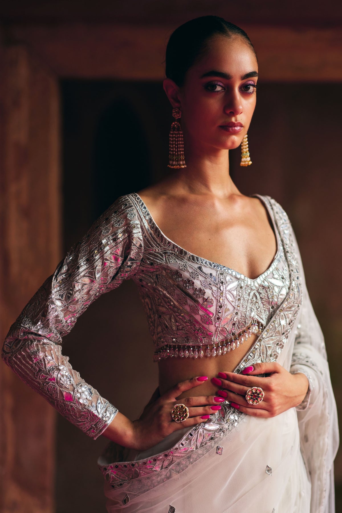 White Net Saree Set