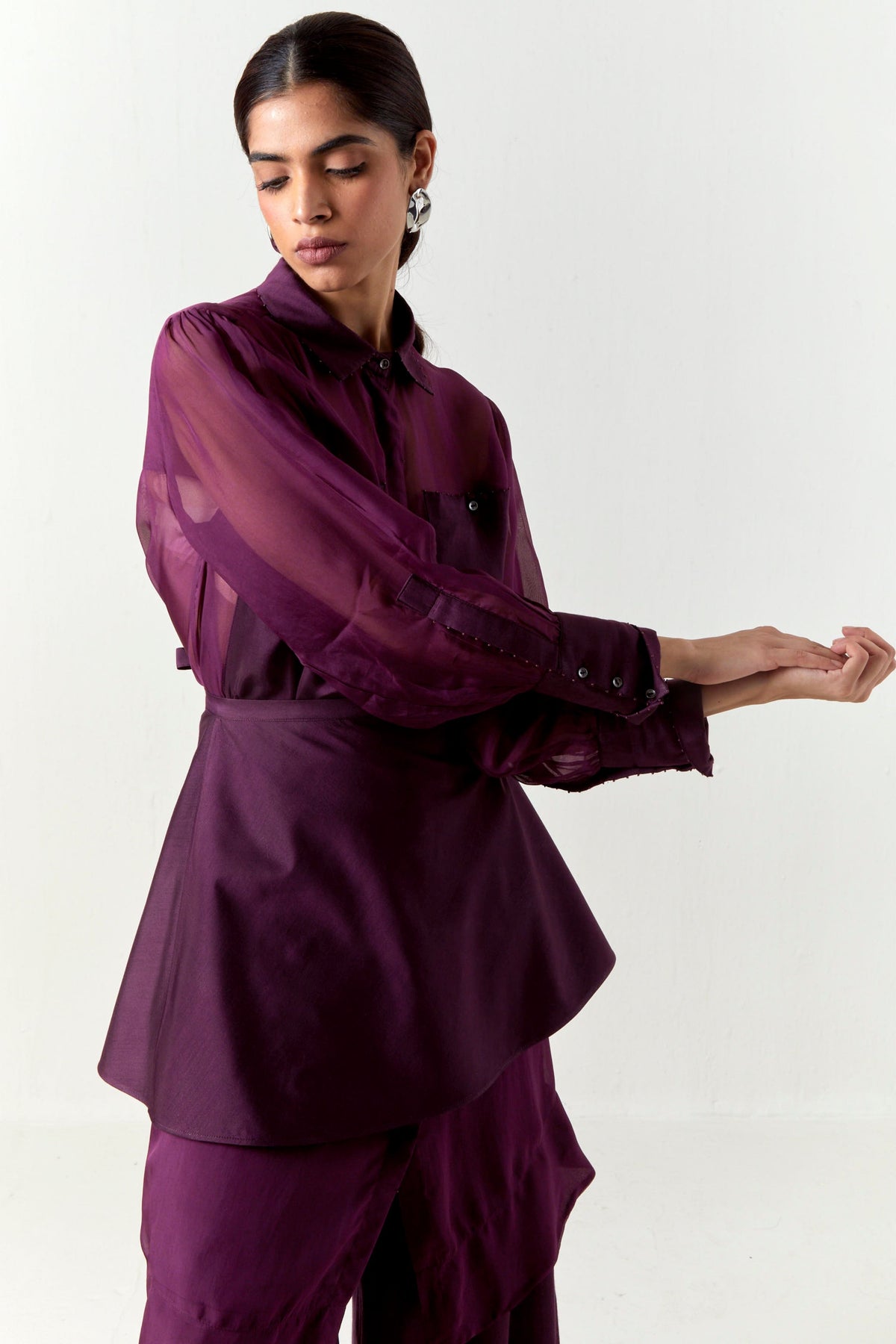 Beaded Collar Sheer Shirt Set