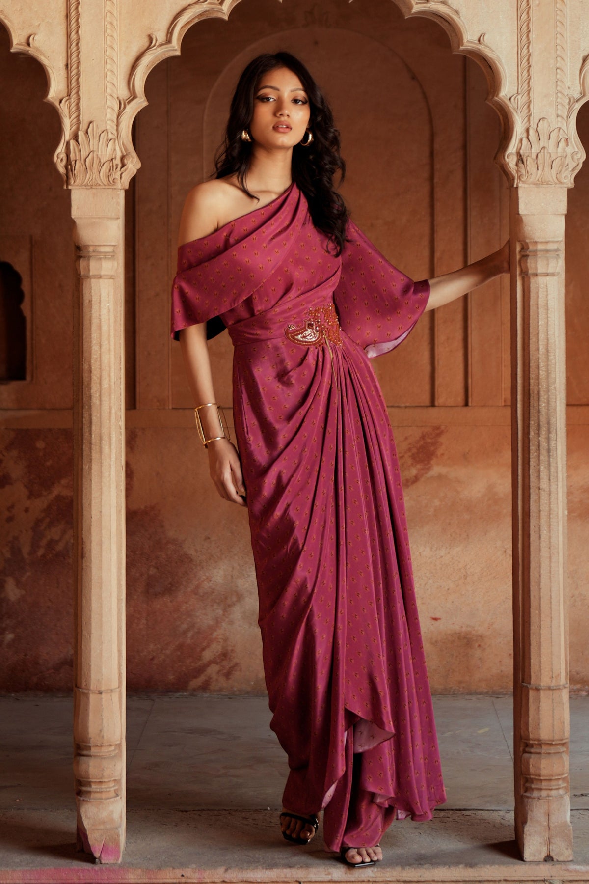Mulberry Pink One Shoulder Drape Dress