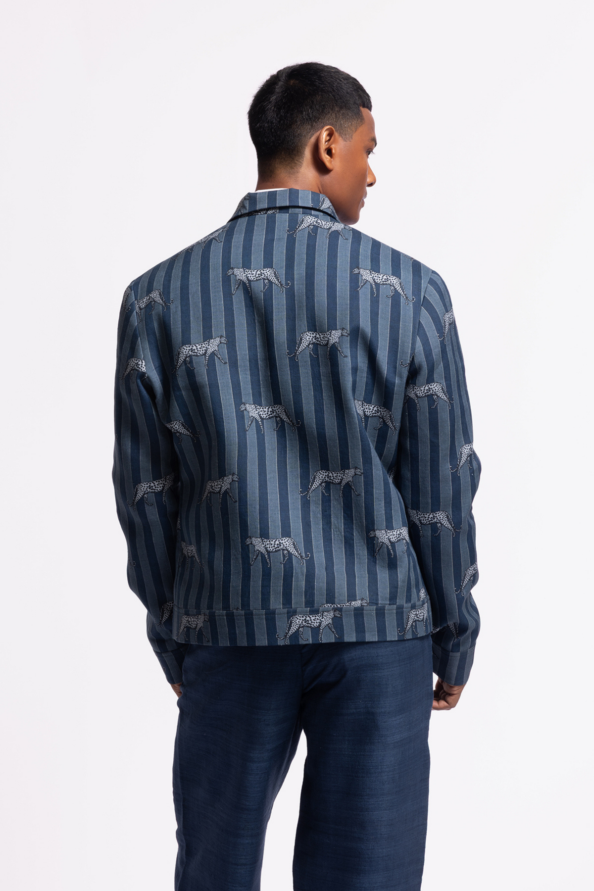 Striped and Printed Blue Linen Jacket