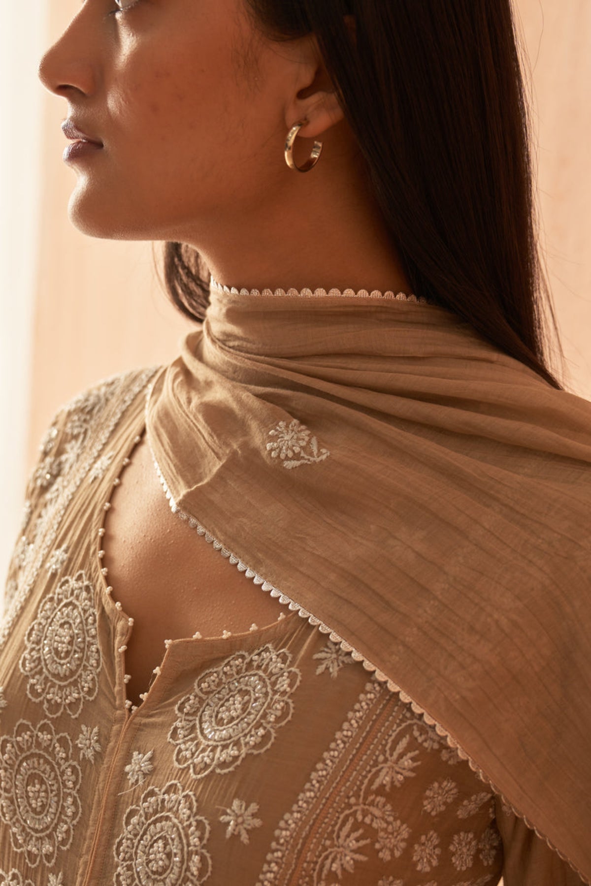 Brown Mul Chanderi Anarkali Set