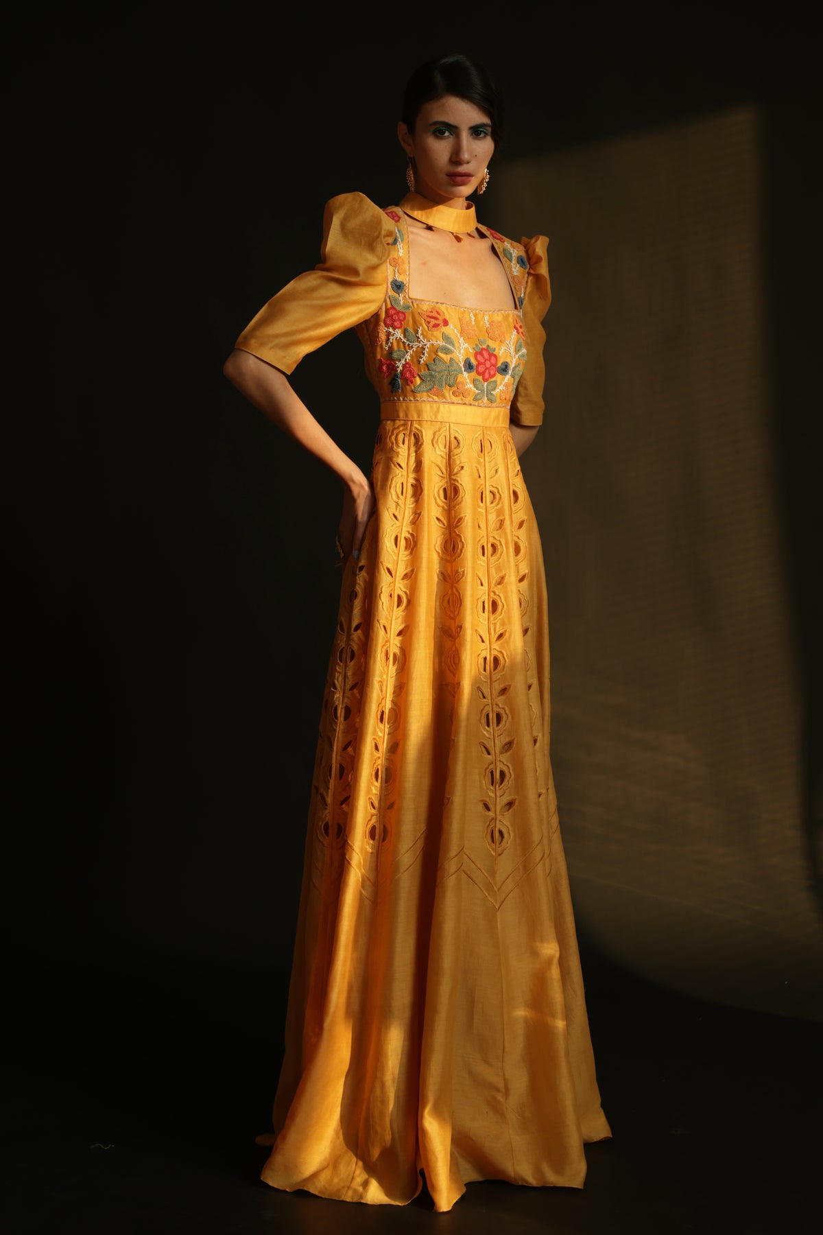 Yellow chanderi embroidered maxi dress