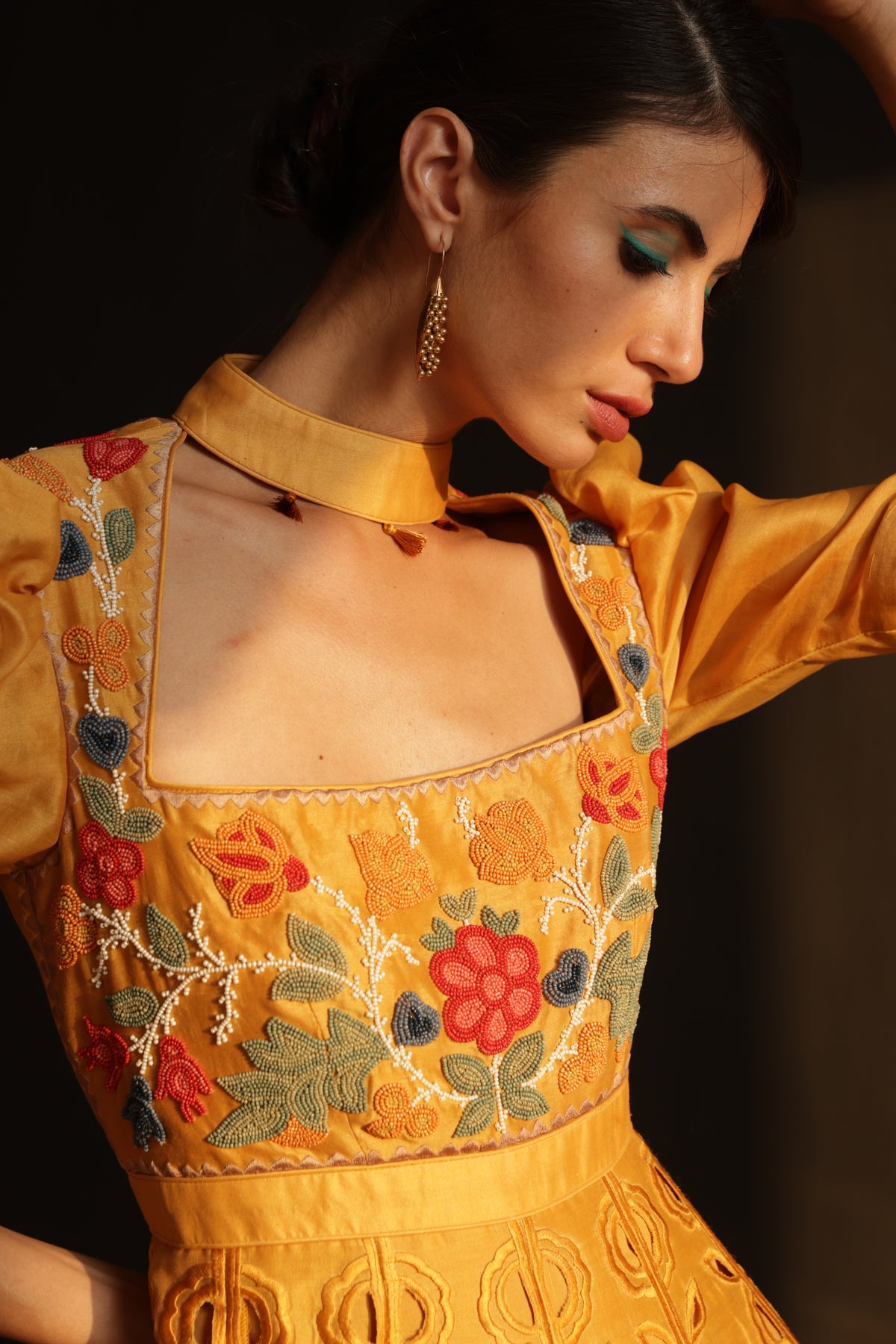 Yellow chanderi embroidered maxi dress