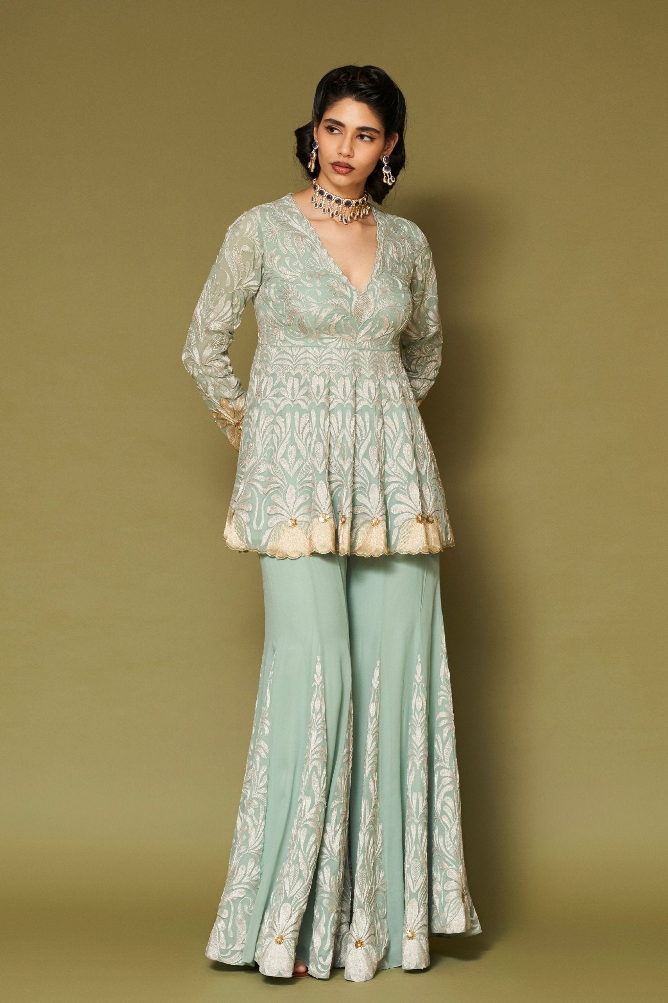Aqua Embroidered Georgette Sharara Set - Devnaagri - Elahe