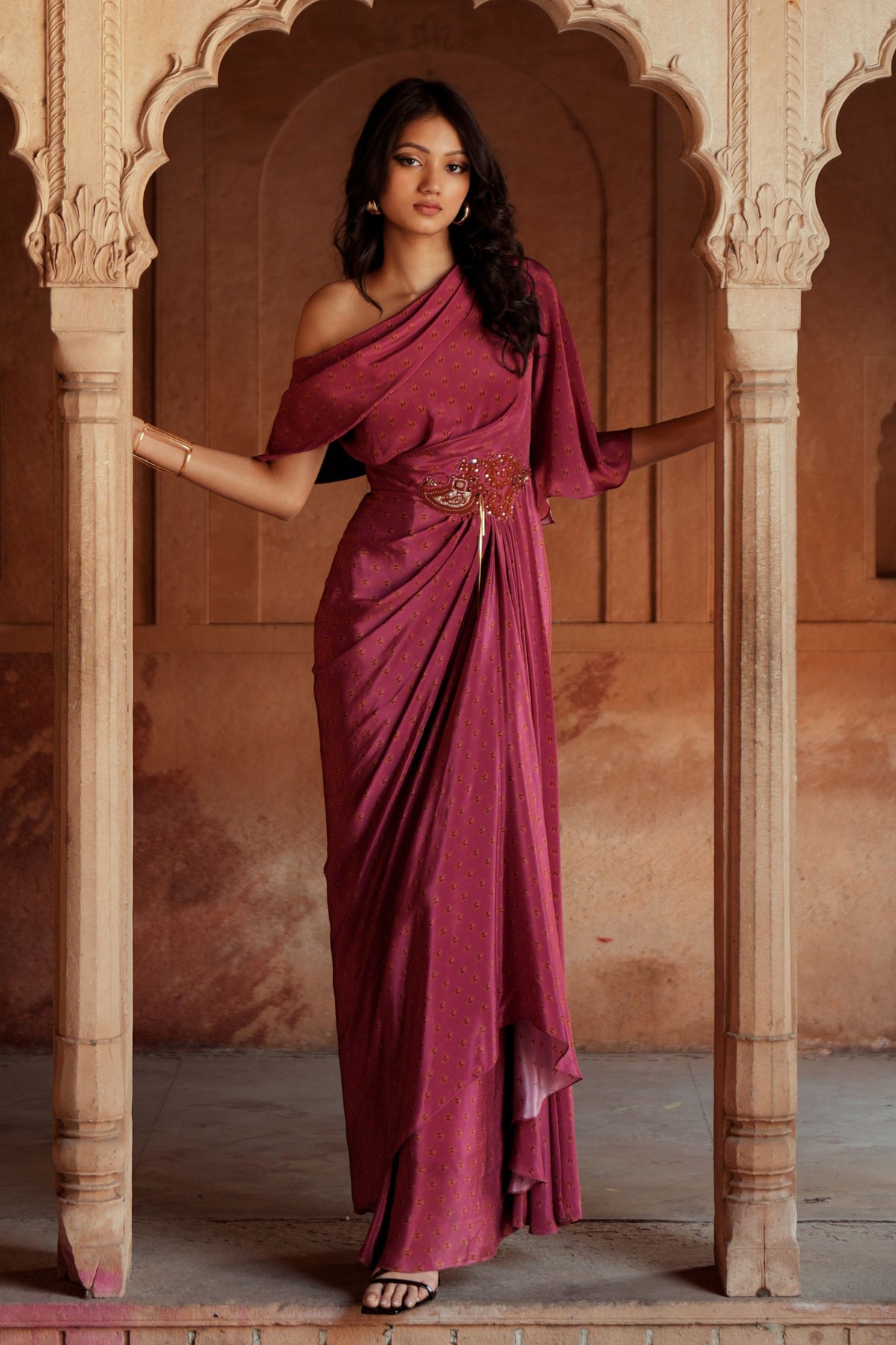Mulberry Pink One Shoulder Drape Dress
