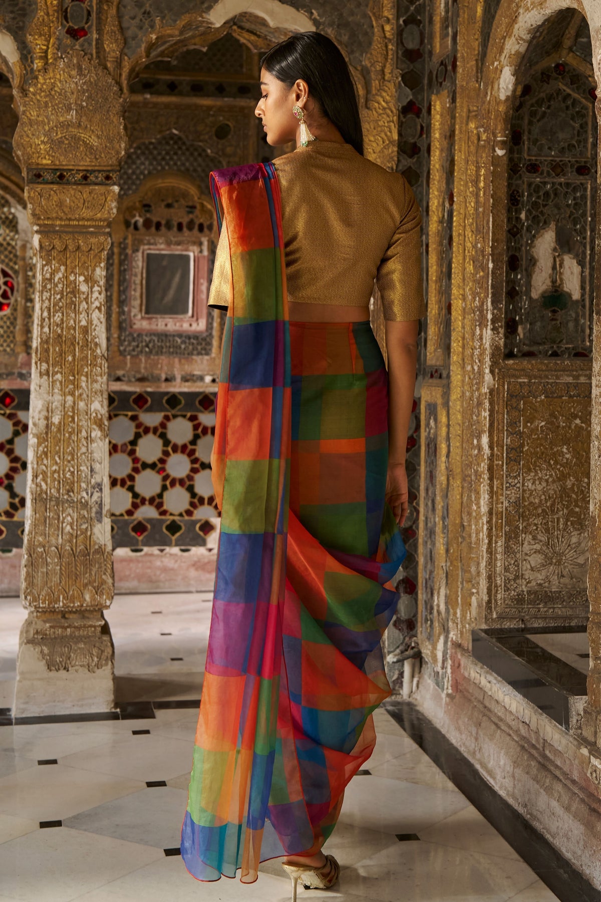 Check Organza Sari Drape