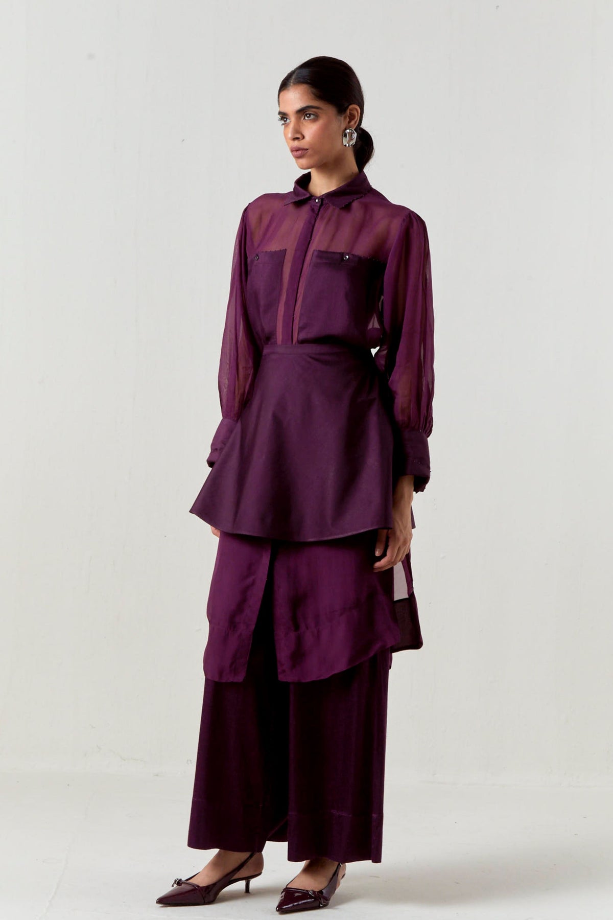 Beaded Collar Sheer Shirt Set
