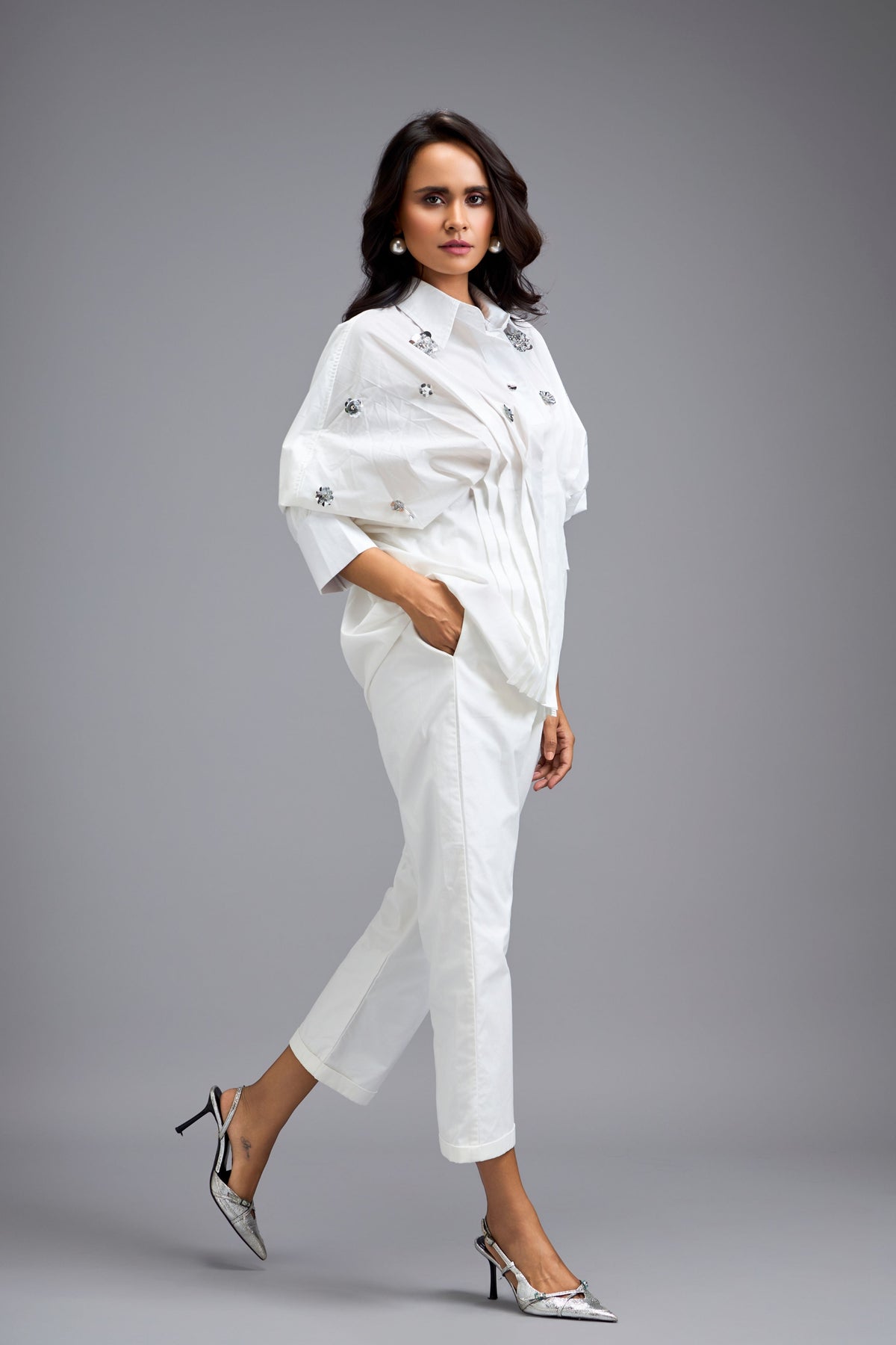 Embellished Button Down White Co-ord Set