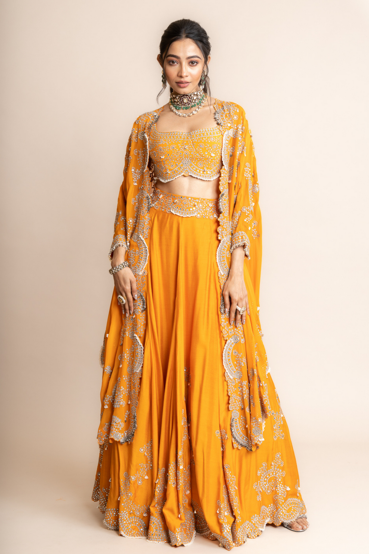 Cape With Lehenga Set in Orange