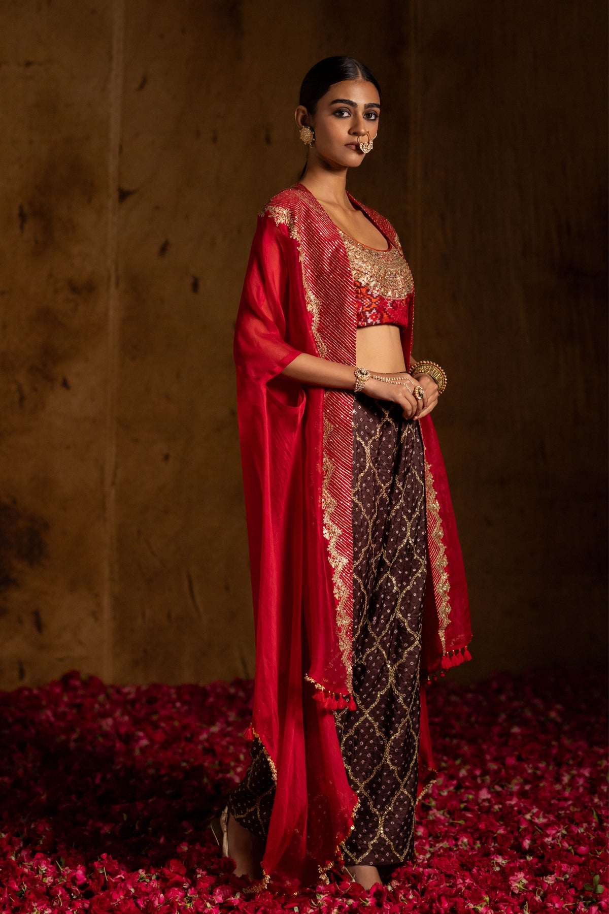 Rust Patola Bandhani Cape Set