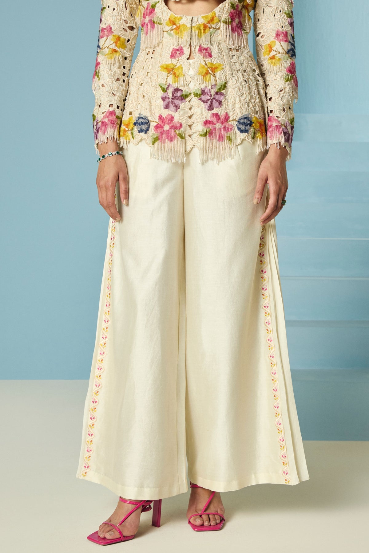 Ivory Embroidered Pleated Pants