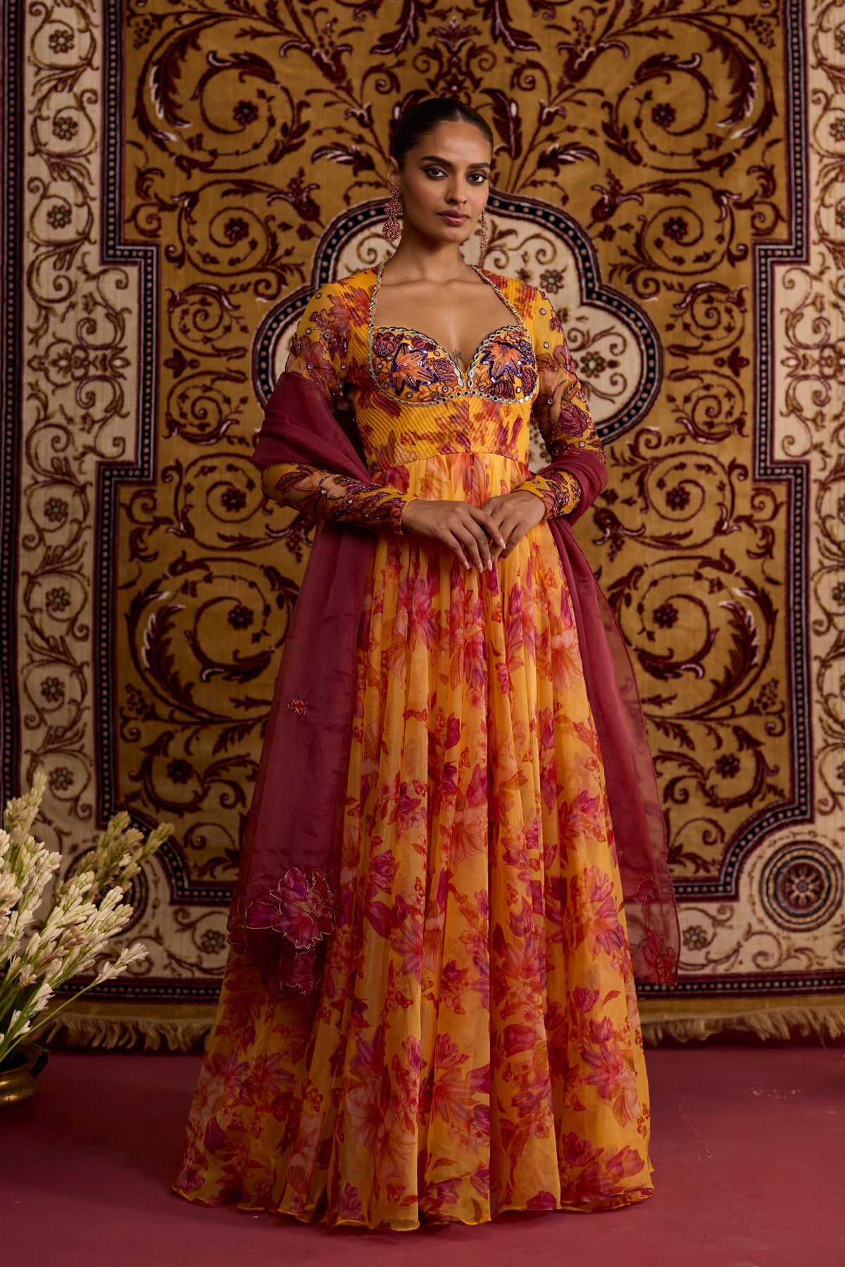 Yellow Floral Organza Anarkali Set