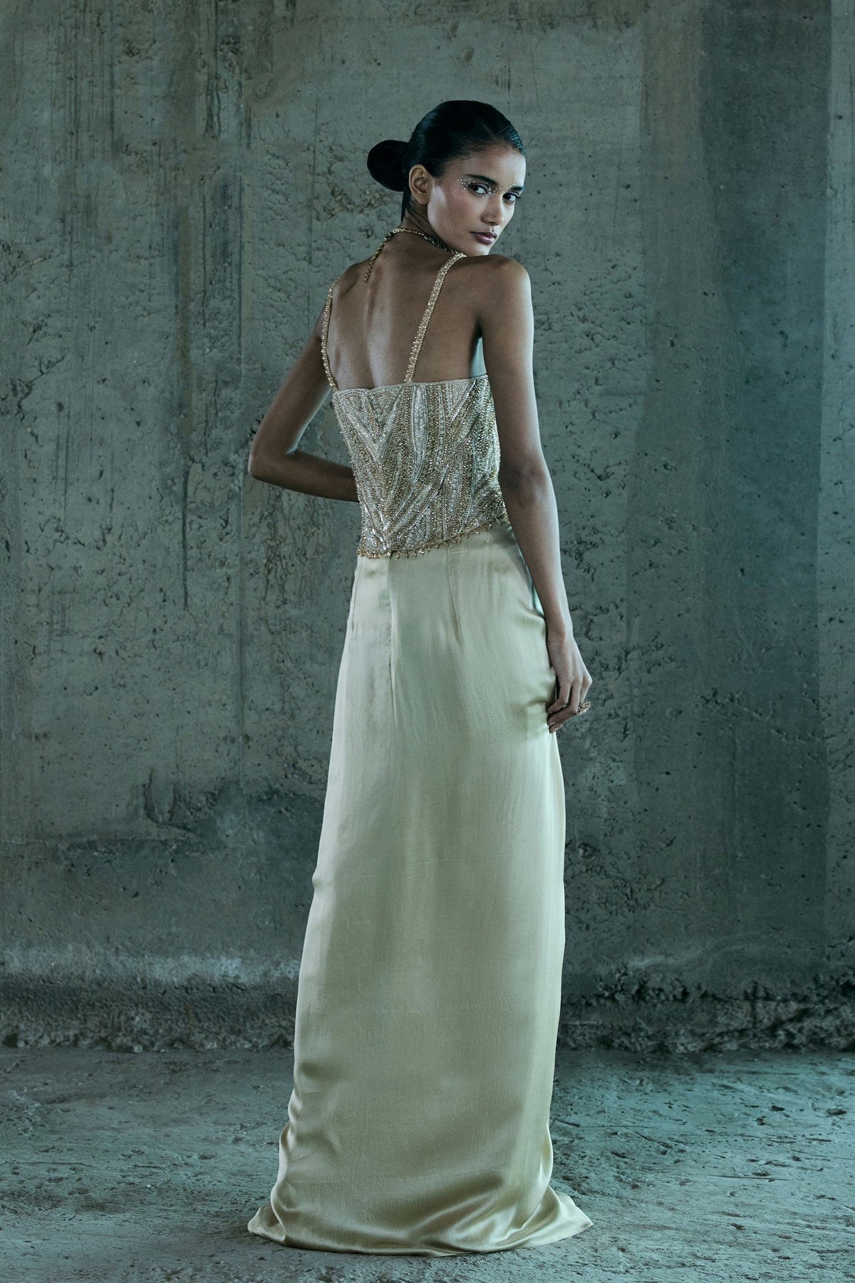 Beige Embellished Corset With Skirt