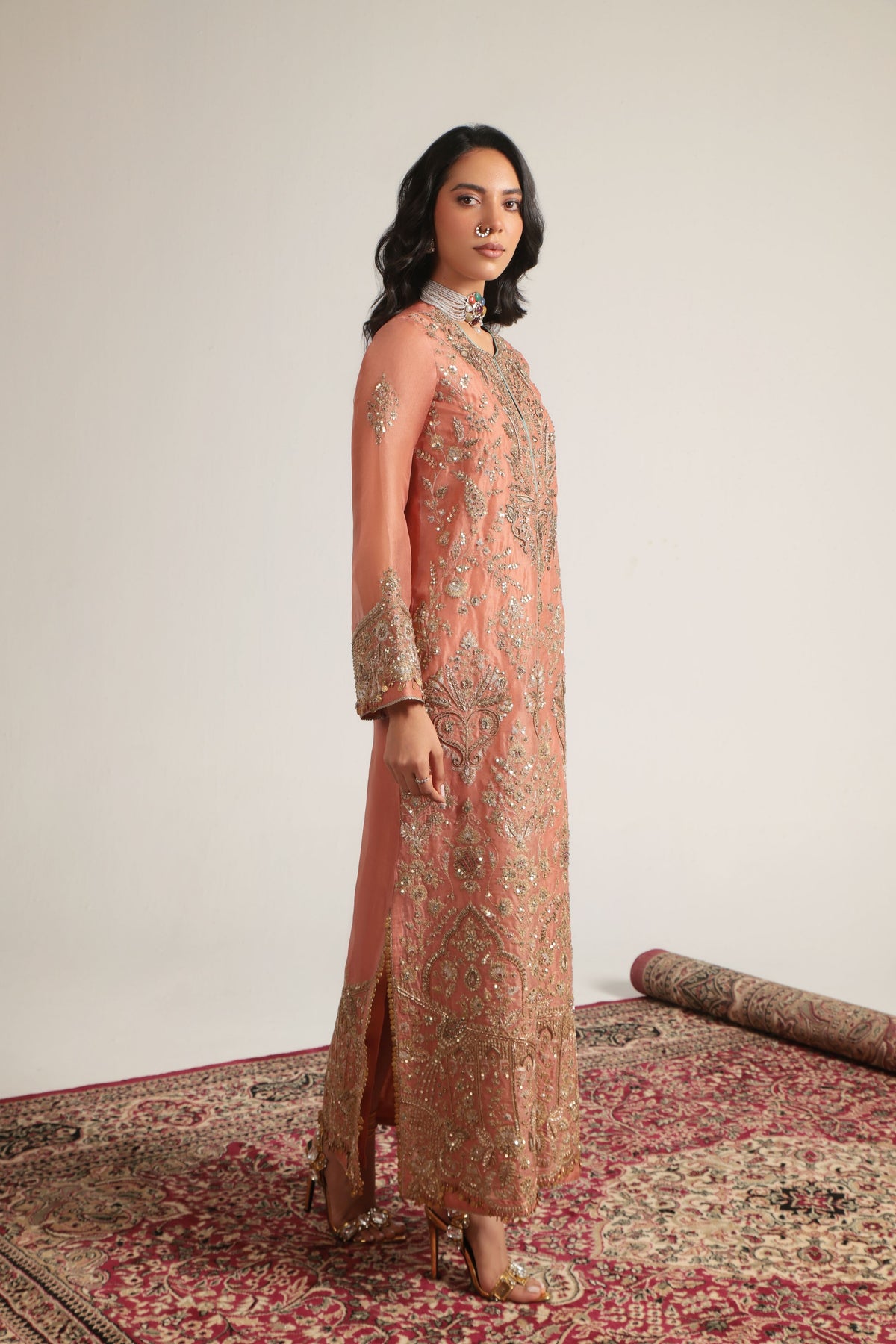 Peach Heavy Jaal Kaftan Set