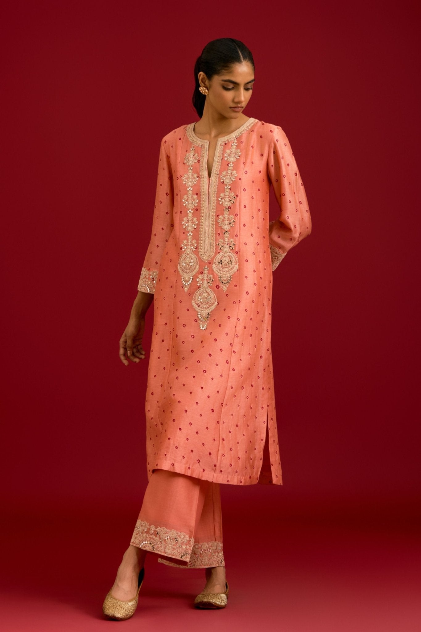 Peach Bhandhej Kurta Set - Devnaagri - Elahe