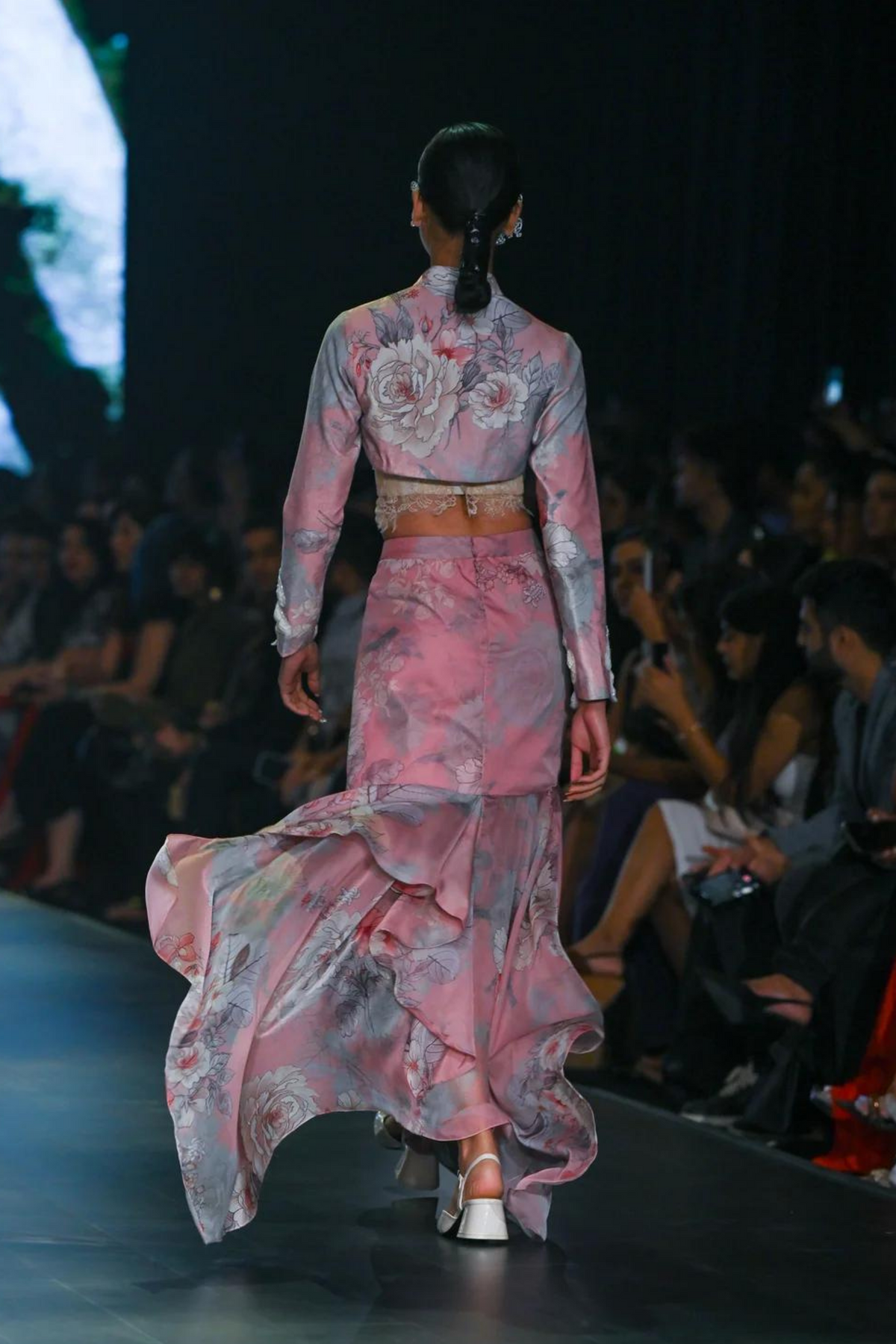 Pink Printed Skirt Set With Bolero