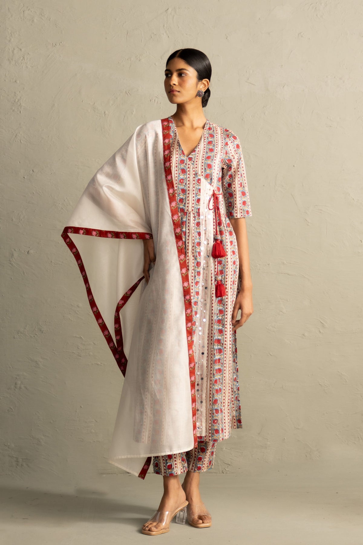 Cream Angrakha Straight Kurta Set