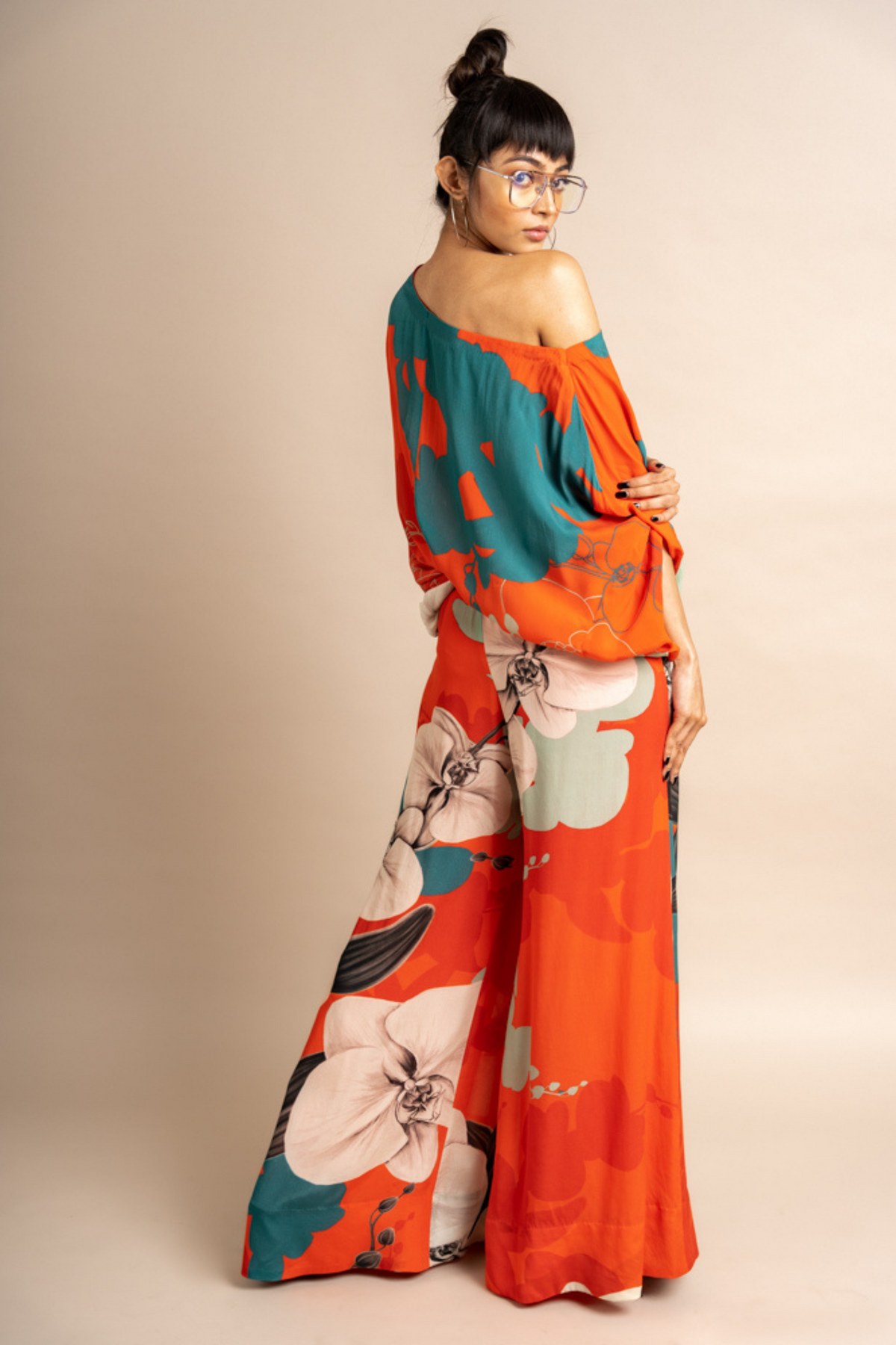 Tangerine Print Crepe Off Shoulder
