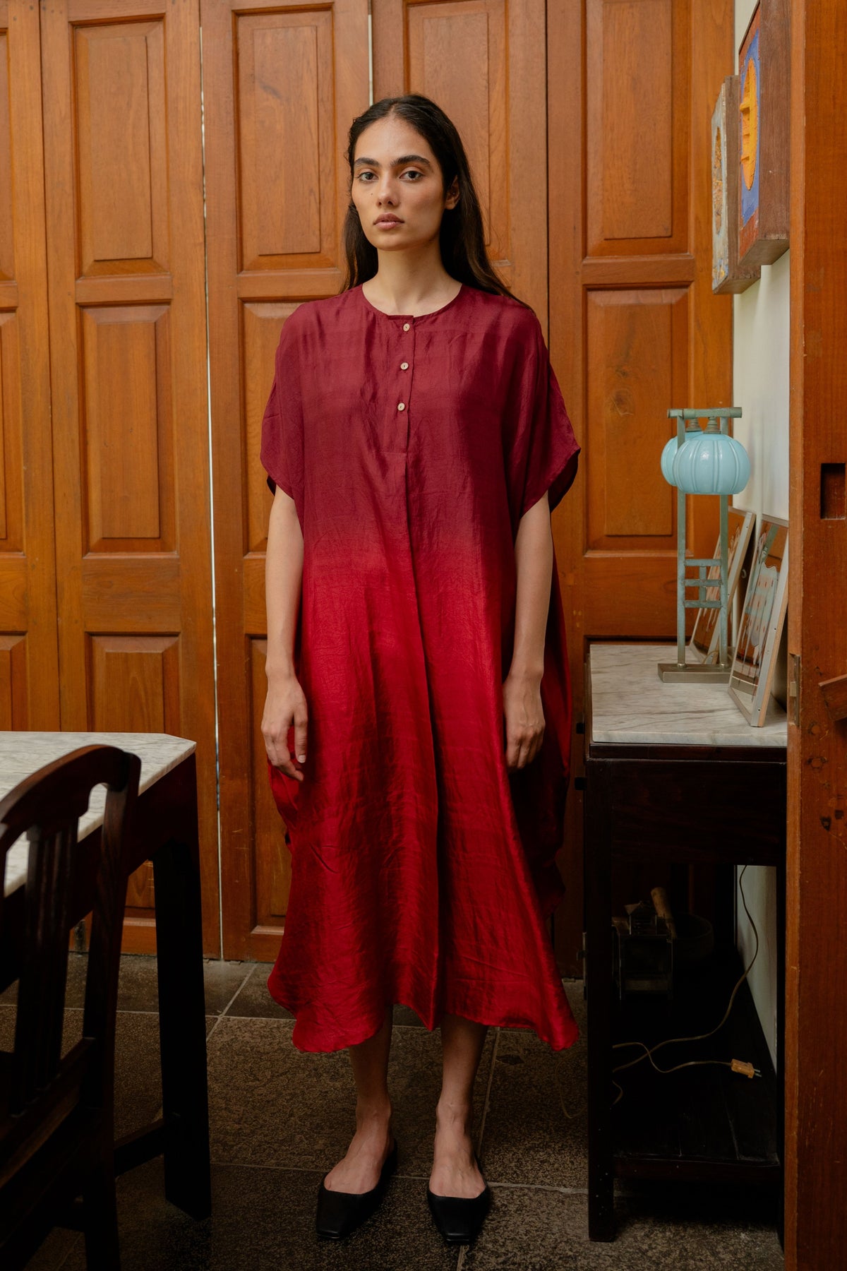 Red Ombre Pleated Kaftan