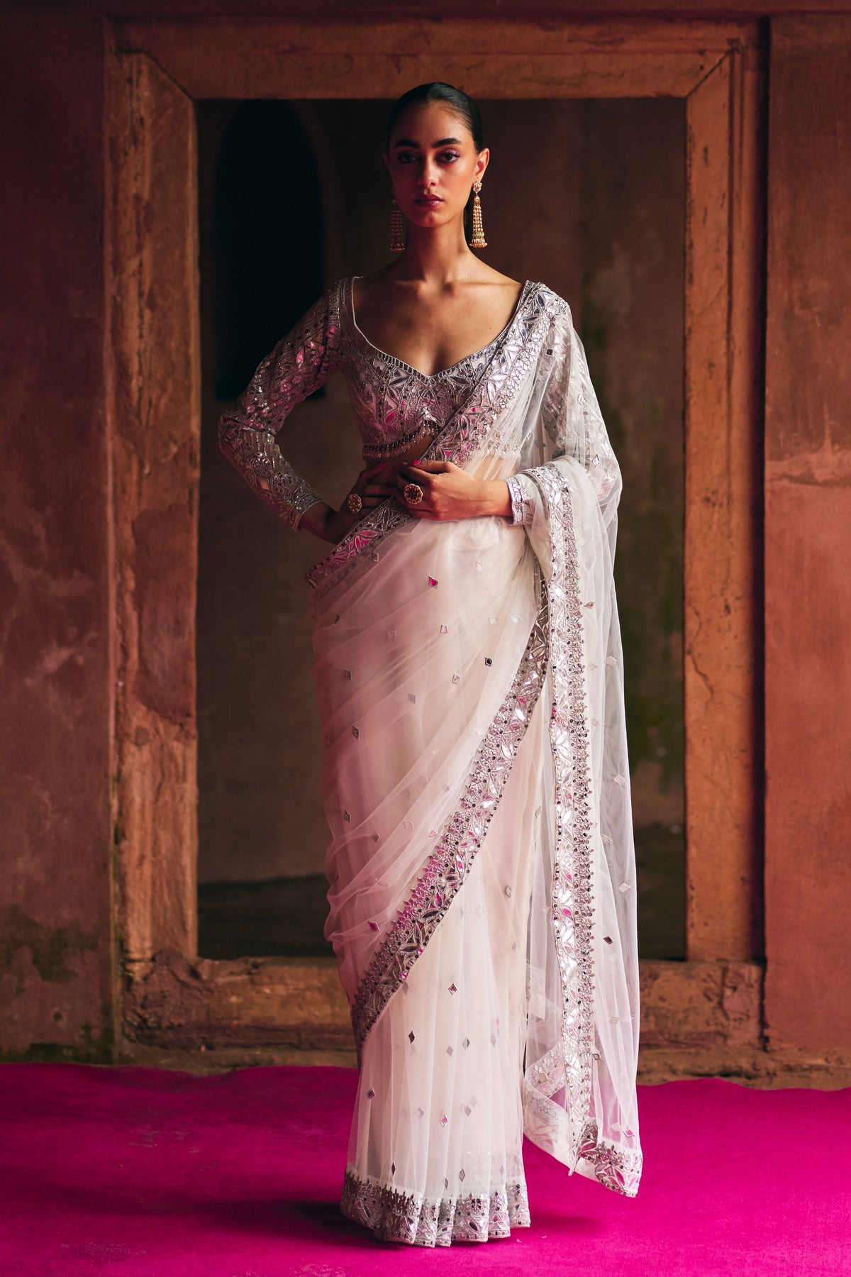 White Net Saree Set