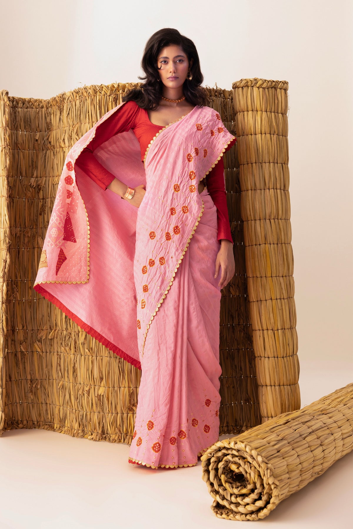 Pink Patchwork Bandhani Saree set