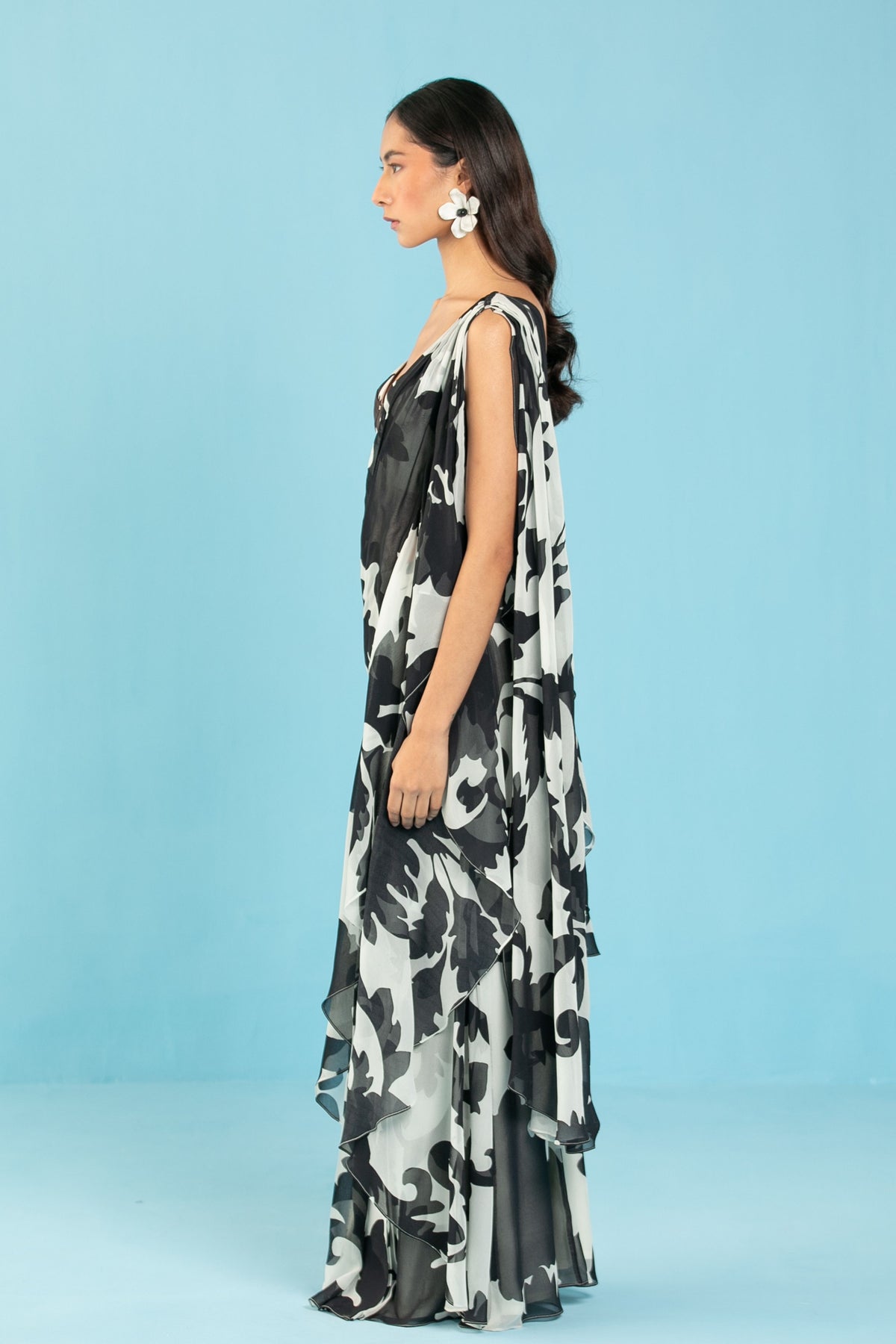 Black Pre Draped Saree Set