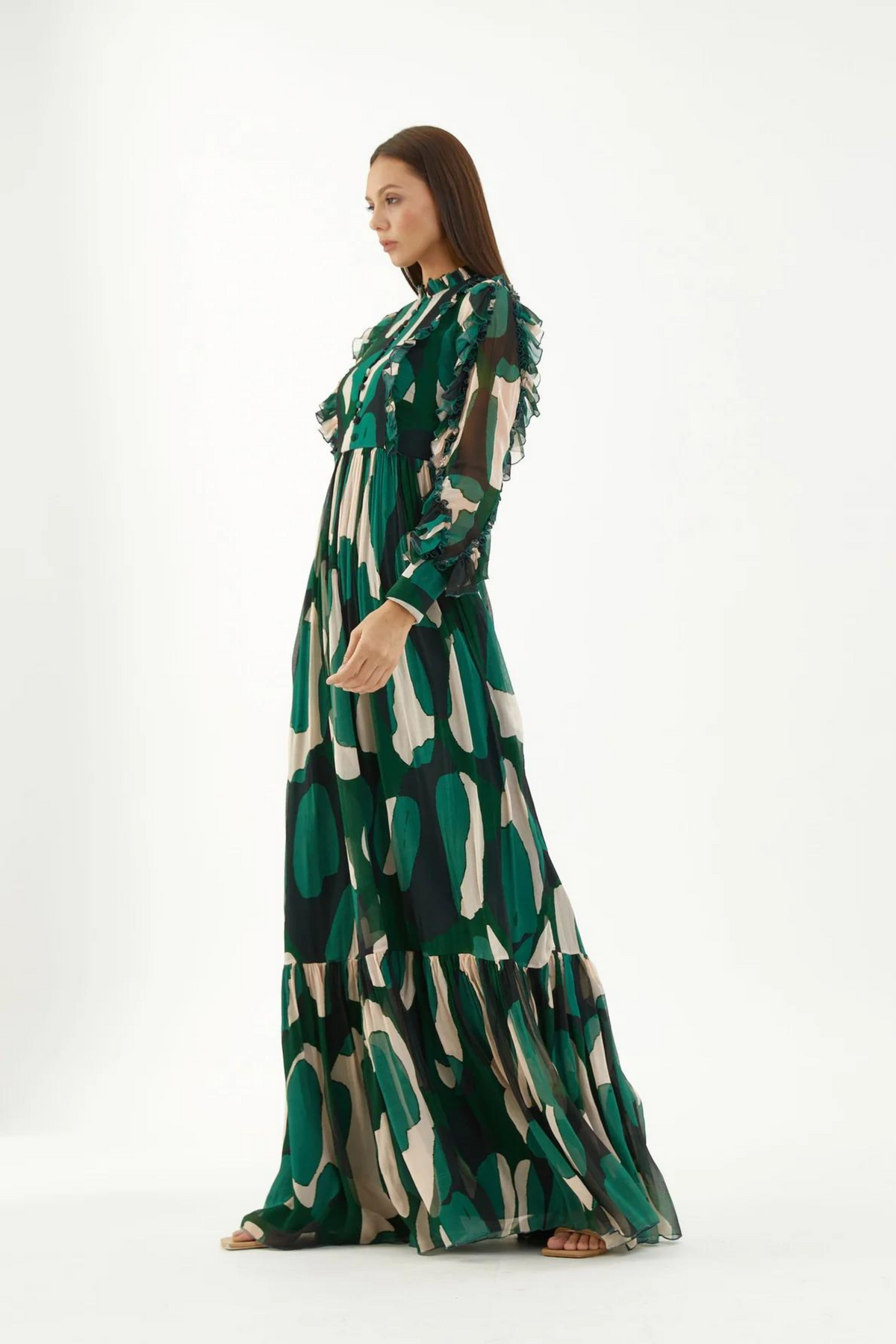 Green, Black And Off-white Abstract Frill Long Dress