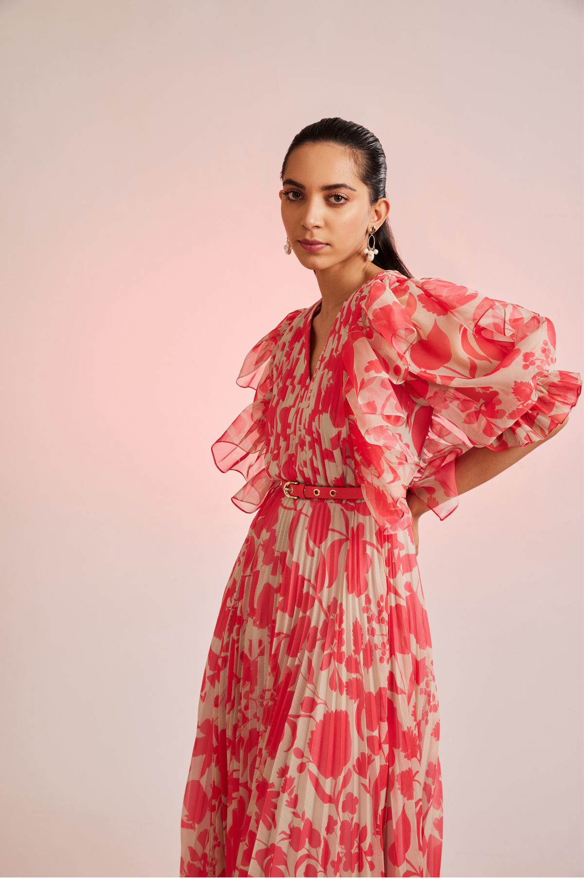 Coralie Pleated Maxi Dress With Ruffle Sleeves