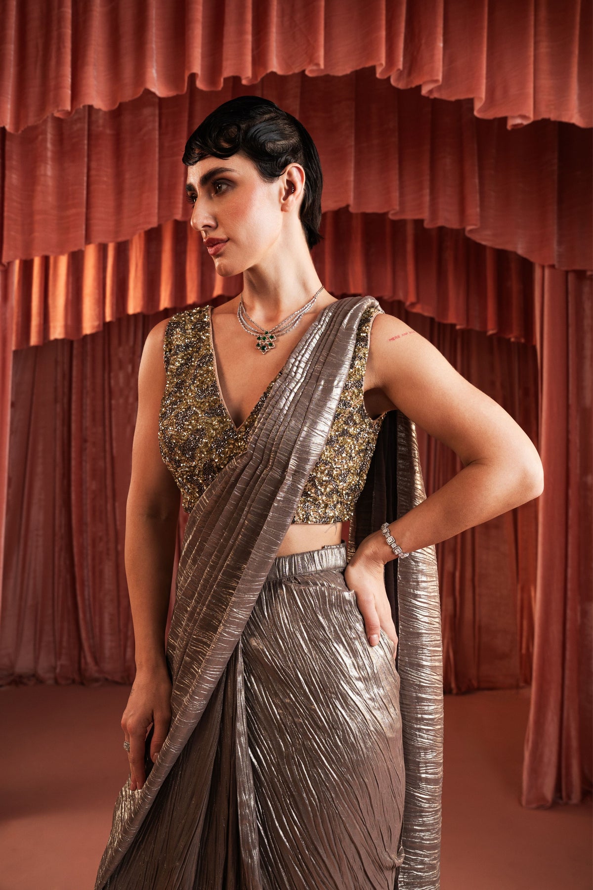 Silver Beaded Draped Saree Set